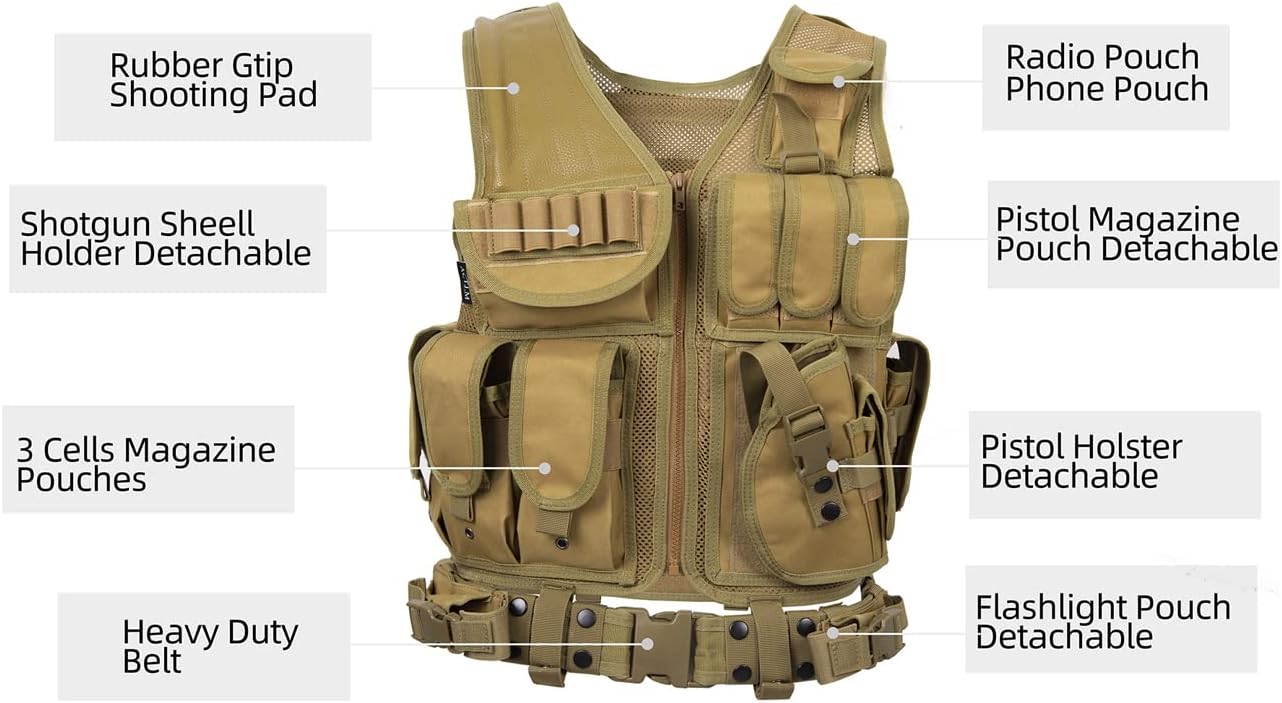 Tactical Combat Vest with Holster for Men Airsoft Training Black Lightweight