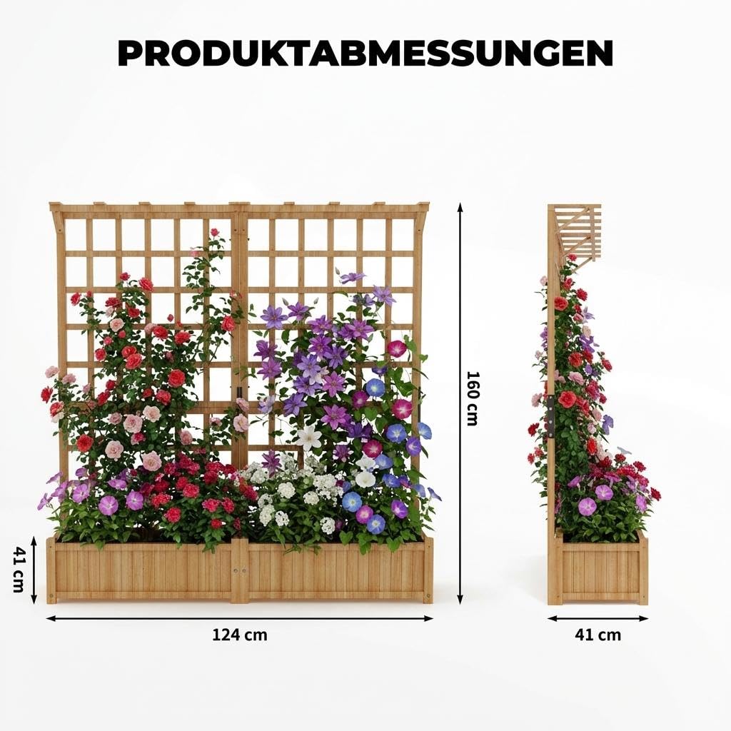 Hochbeet Holz 124x41x160cm, Rankgitter & Dach, 2 Ebenen, Balkon, Garten