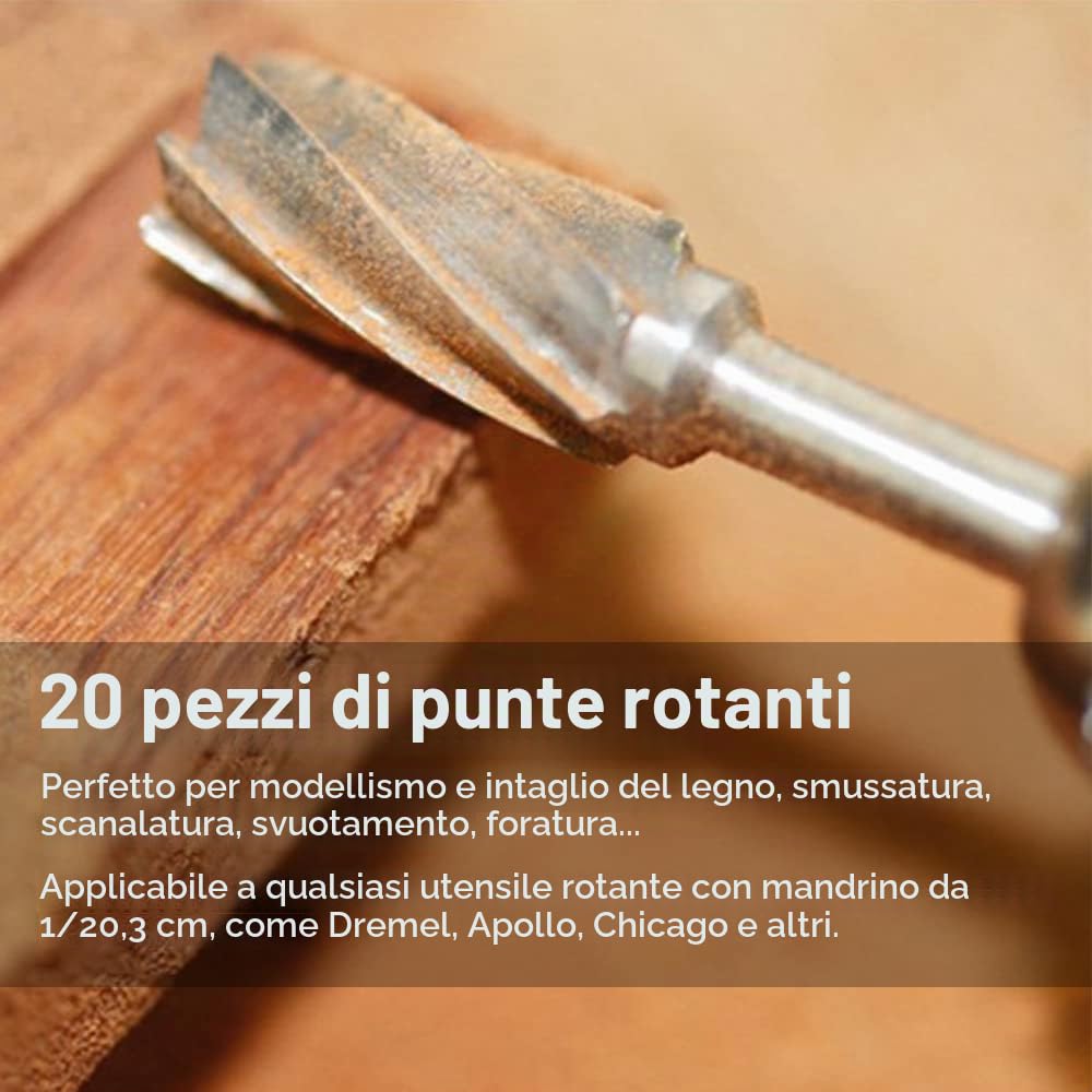 Set di Punte per Incisione ad Alta Durezza - 10 HSS in Carburo e 10 per Router Con Gambo da 3 mm - per Utensili Rotanti, Lavori Fai da Te, Foratura, Taglio