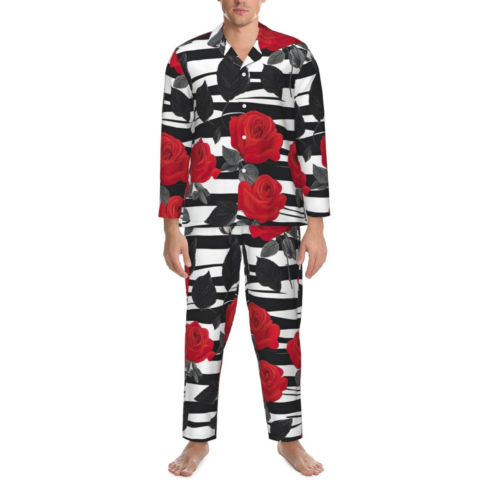 Pigiama a maniche lunghe da uomo con stampa di fiori rossi a righe bianche nere Set pigiama a due pezzi traspirante accogliente Weekend Loungewear