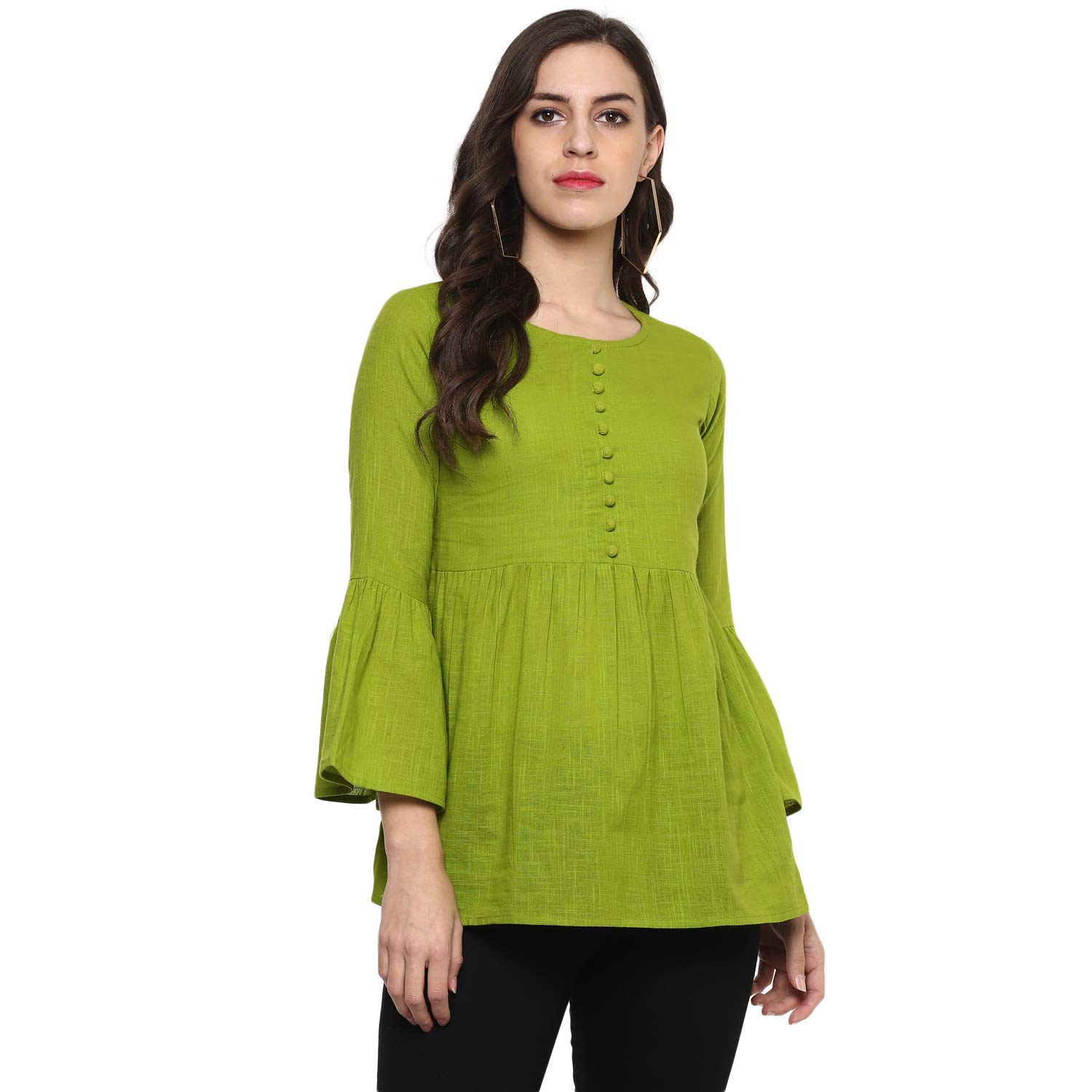 Elinekart Cotton Plain and Solid Bell Sleeve A-Line Short Round Neck Flared Tunic Top for Girls Women-image-38