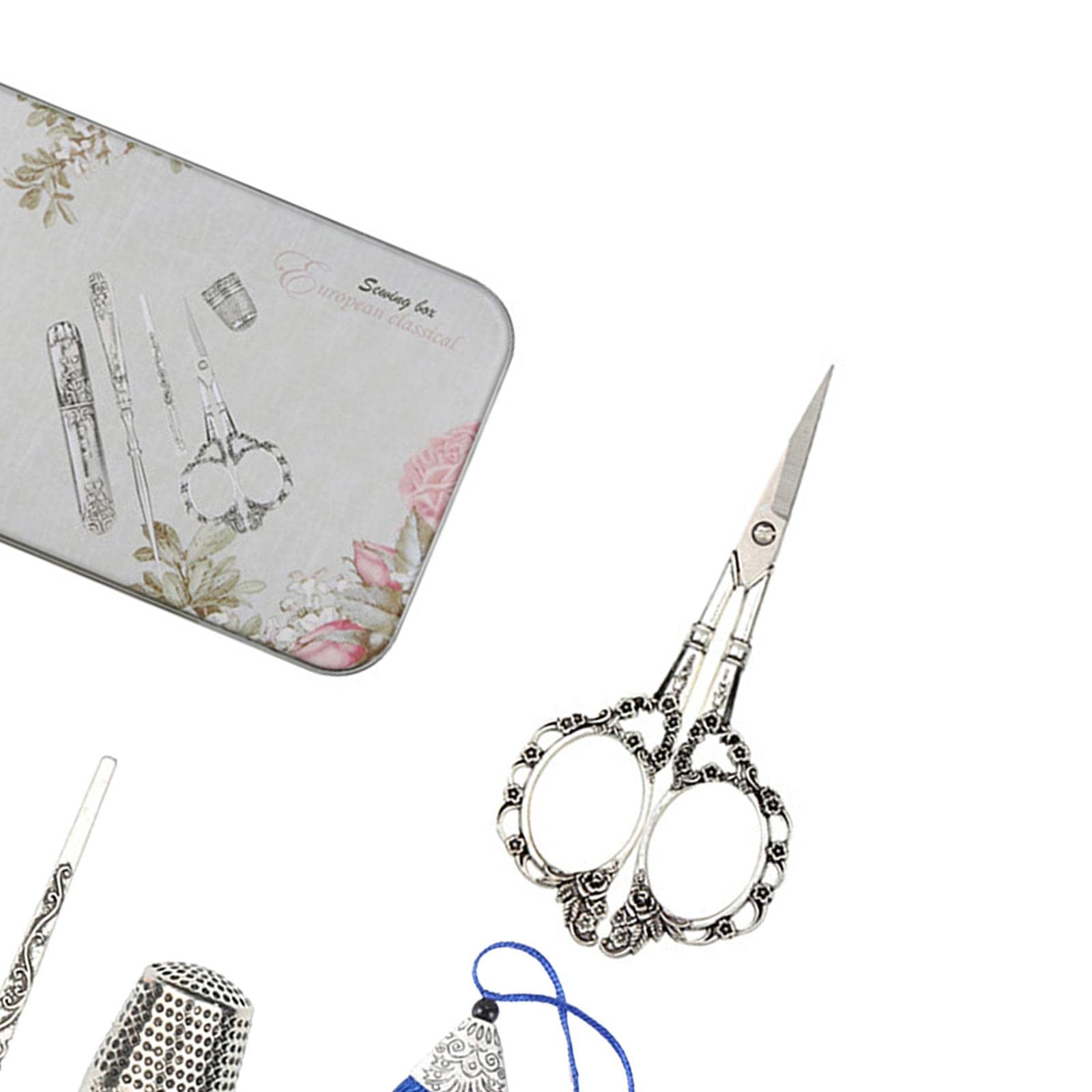 5 Teiliges Vintage Silber Scherenset für Sammler Oder Bastler, Inklusive Stickschere, Nähkästchen, Und Bastelzubehör, Pflaumenblüte