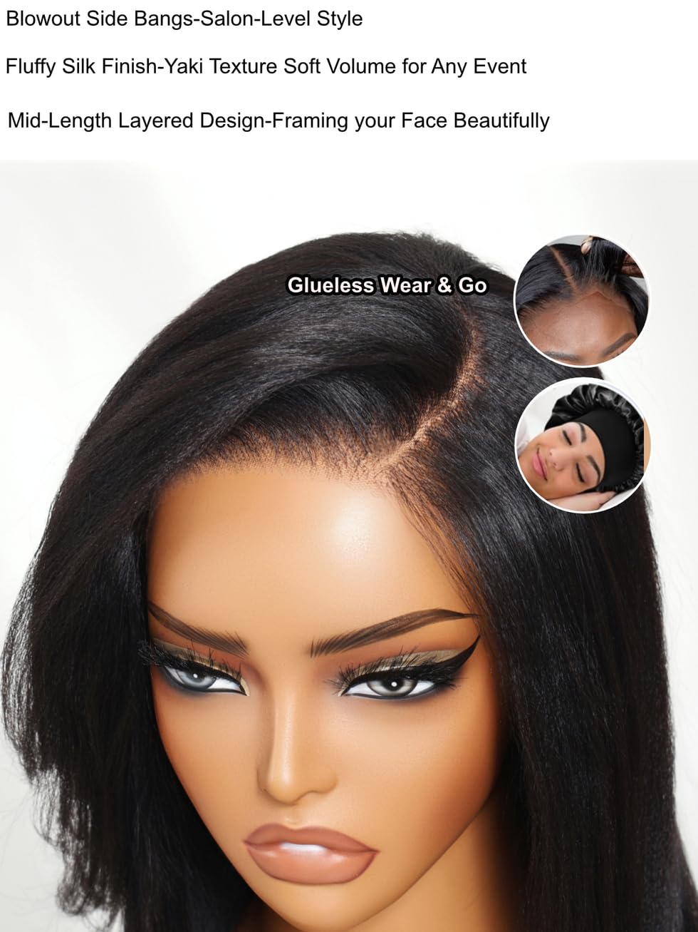 UNICE Yaki Straight Human Hair Drawstring Wig with Side Bangs Bye Bye Knots 7X5 Lace Front Glueless Wigs Human Hair Pre Plucked Pre Cut Natural Looking 150% Density 14 inch