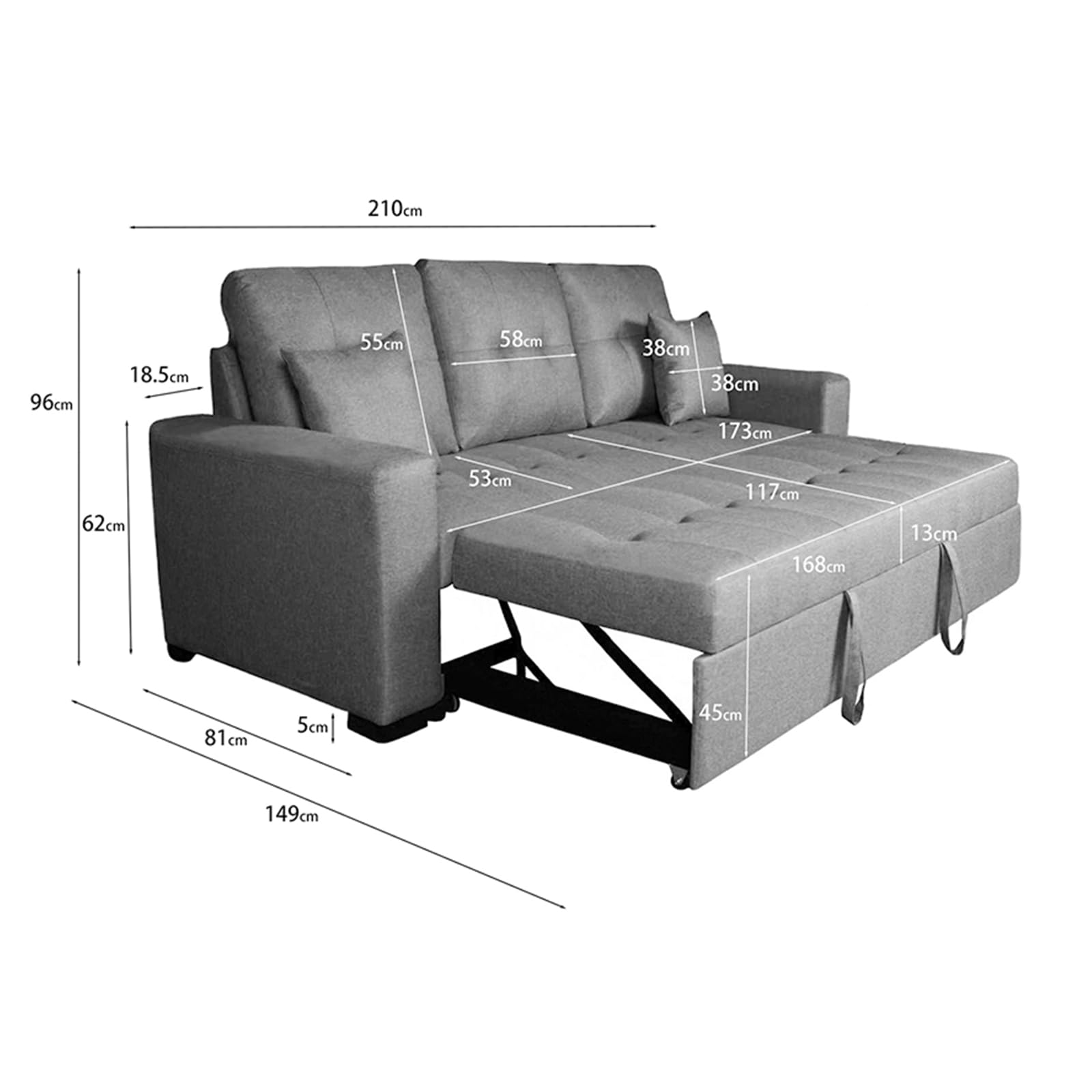 amuéblate Online - Sofá Cama de 3 Plazas Modelo Hugo, Diseño Moderno, Cómodo, Práctico y Funcional, con Reposabrazos y 2 Cojines Decorativos de Regalo, Gris