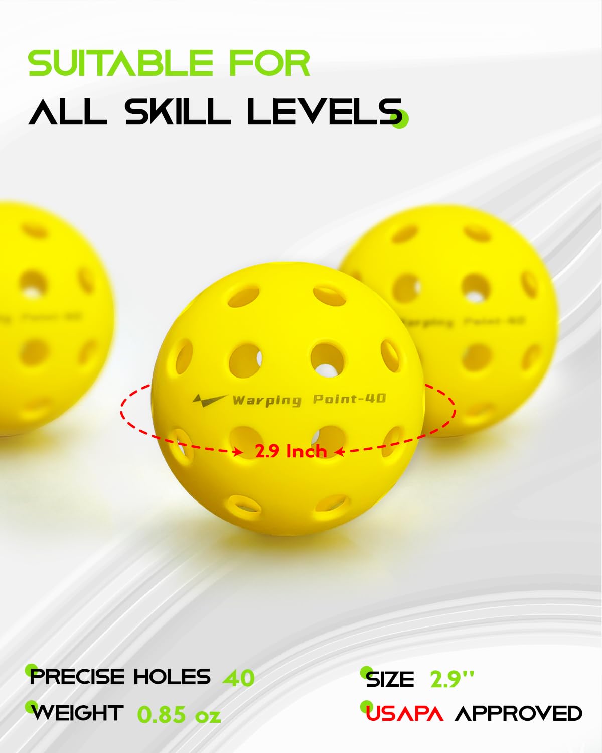 Warping Point Palline da pickleball da esterno, confezione da 4 palline gialle con 40 fori, con sacchetto in rete, soddisfano le specifiche USAPA, palline resistenti ad alto rimbalzo per principianti