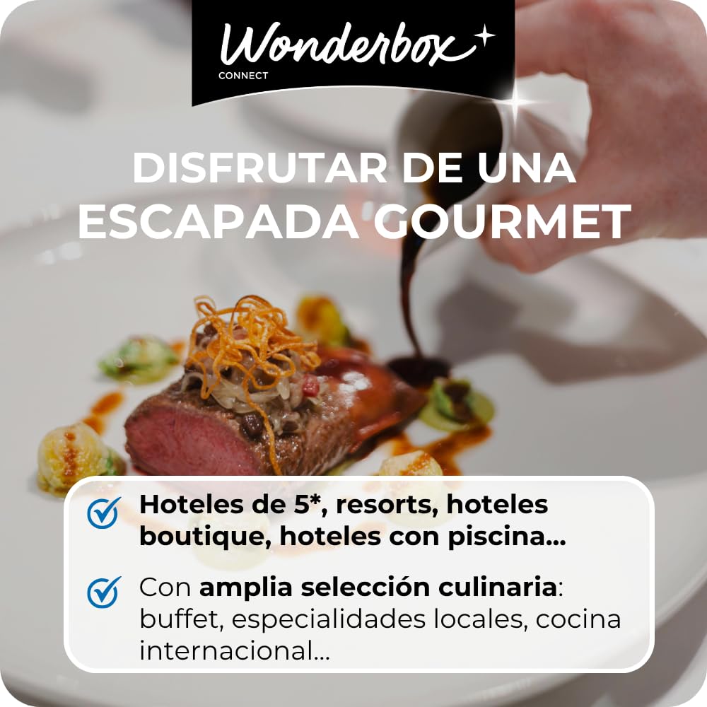 WONDERBOX – Cofre Regalo Estancia Deliciosa - 1 Noche en Media pensión para 2 Personas - Escapada para Parejas - Regalar experiencias - Hoteles en España con Comida o Cena incluida