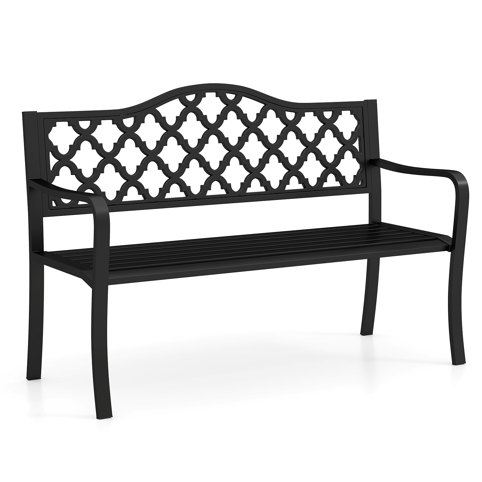 COSTWAY Panchina da Esterno in Metallo con Doghe e Braccioli Curvati | Panca da Giardino 128 x 54 x 89 cm per 2-3 Persone per Piscina e Veranda, Nero