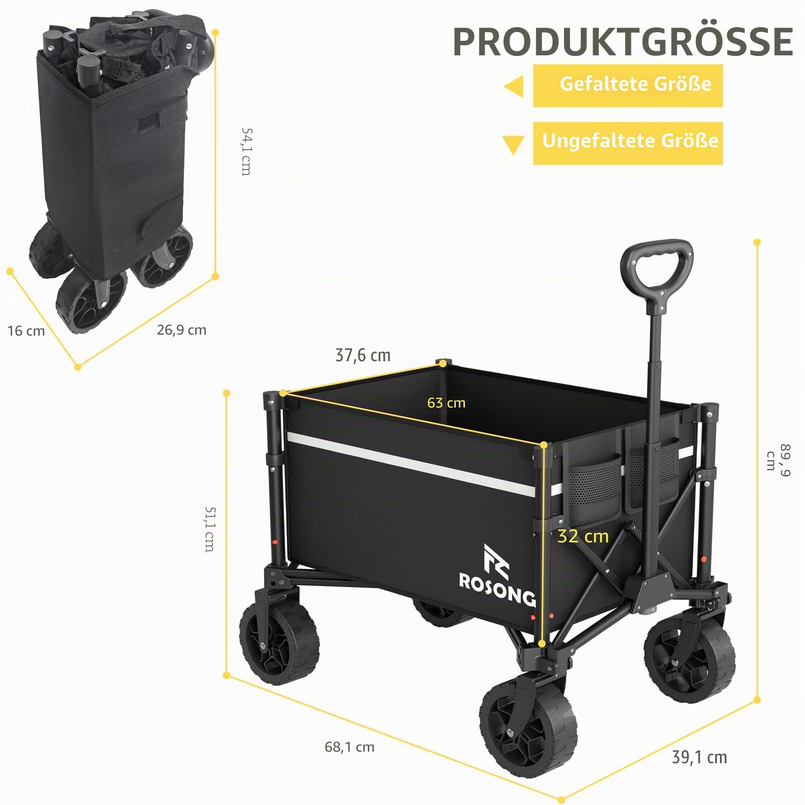 ROSONG Faltbarer Bollerwagen mit Rädern, zusammenklappbar, robust, für Einkäufe, Sport, Garten, Einkaufen, Camping, Schubkarre (Schwarz, 70 L)