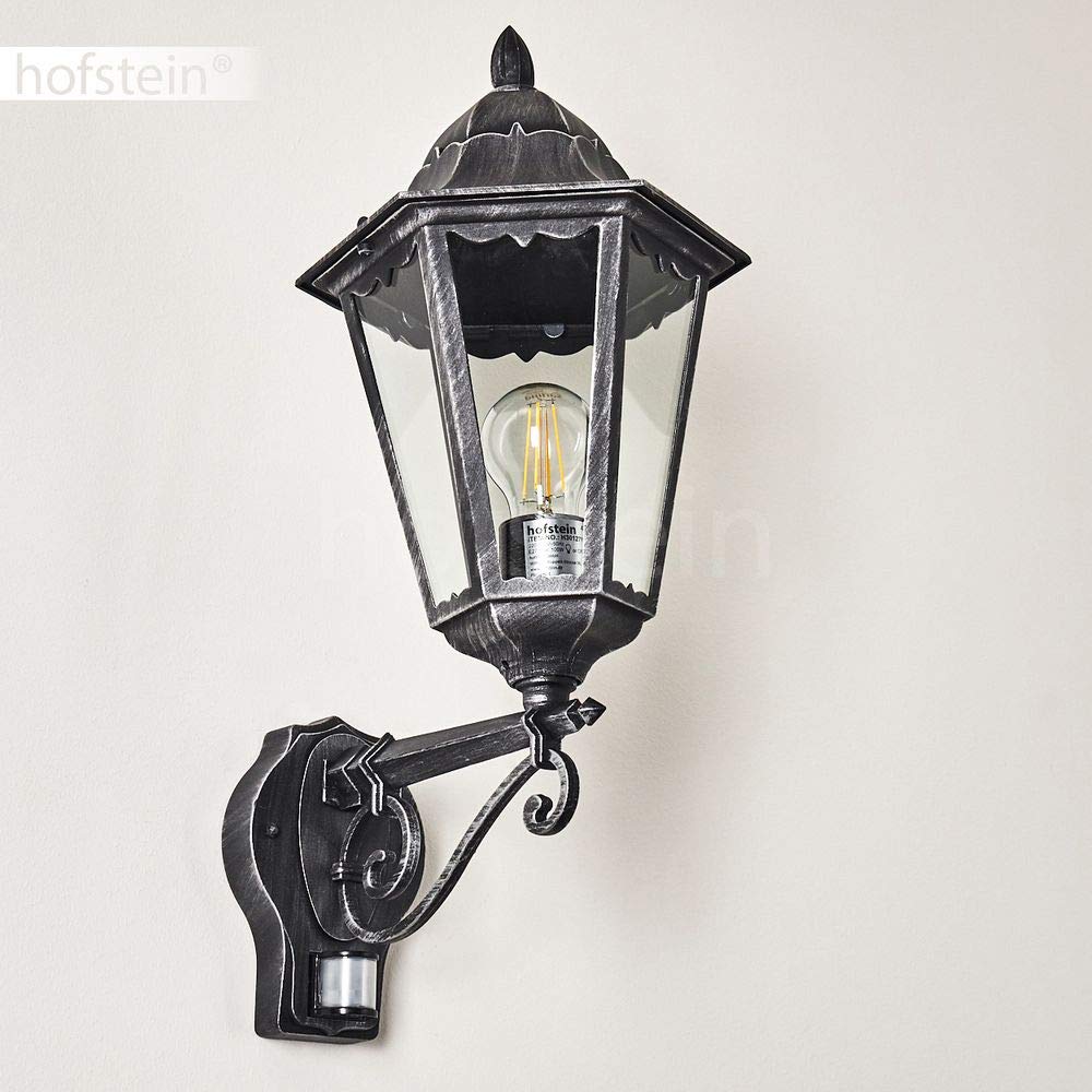Zewnętrzna lampa ścienna Lignac w. czujnik ruchu, lampa ścienna do góry, odlew aluminiowy w kolorze czarnym/srebrnym z przezroczystymi szybami, lampa ścienna/podwórko z gniazdem E27, bez żarówki