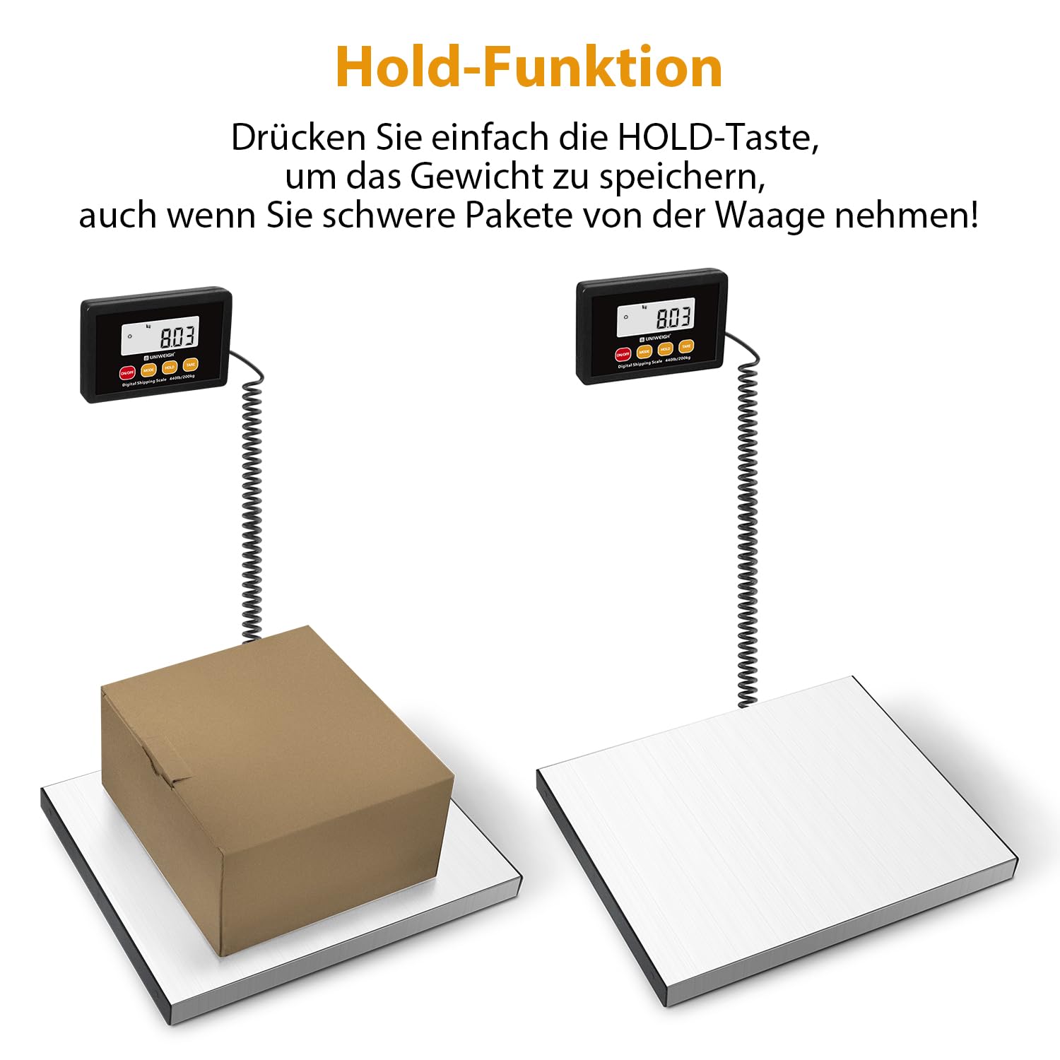 UNIWEIGH Paketwaage,440lb x 10g Hochpräzise Digitale Postwaage,Edelstahl Plattformwaage,Schwerlastwaage mit LCD/Hold/Tara/Funktion,Paketversandwaage für Pakete/Lager/Gepäck,Inklusive Batterie&USB