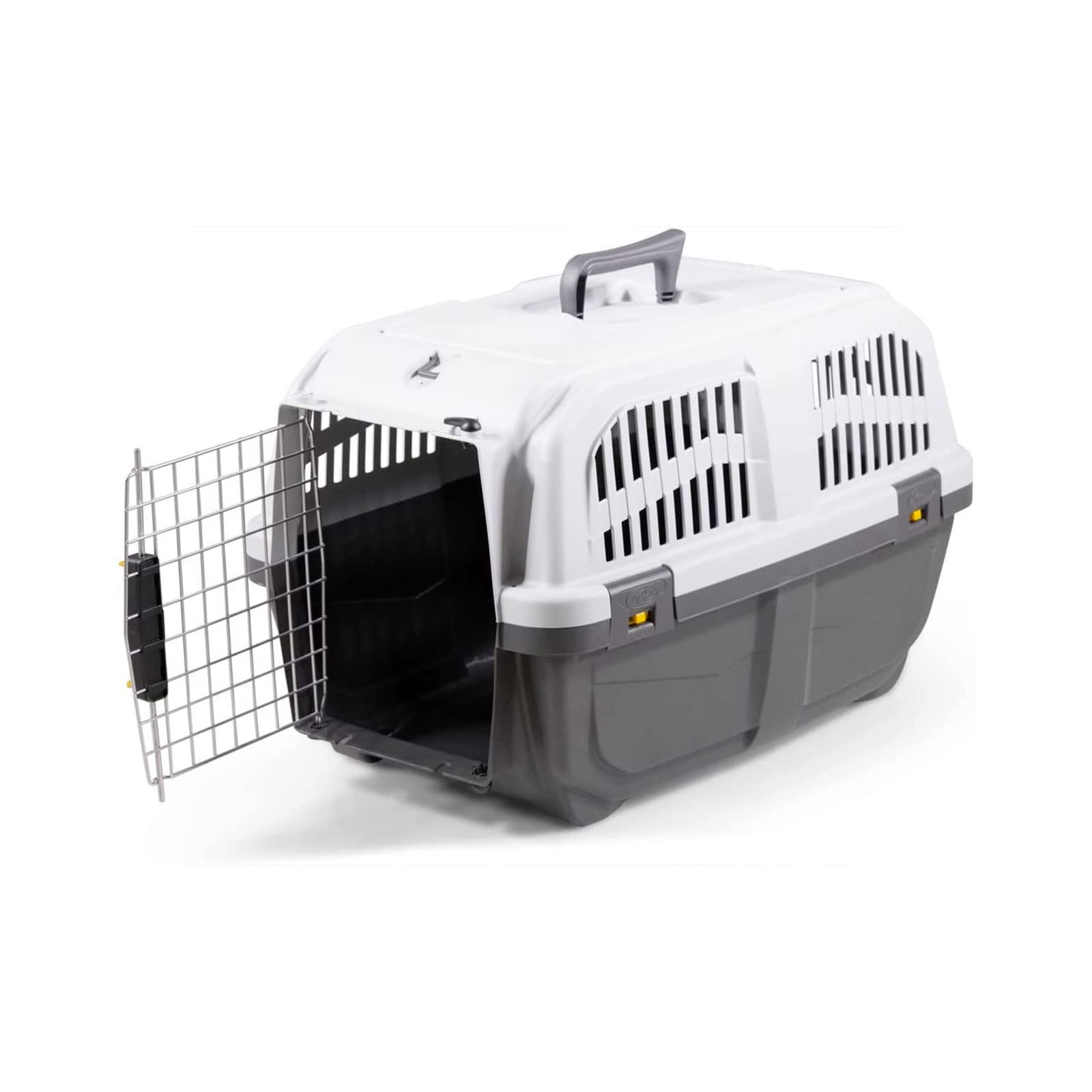 Mondo Viro - Transportín para perros y gatos de polipropileno con puerta de metal con cierre de seguridad de doble mando: cumple con las normas para el transporte aéreo en dos tamaños (mediano 60 x 40