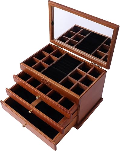 Solid Wooden Jewelry Box Makeup and Organizer Women Ring Storage with 3-Drawers Built-in Mirror Women Jewelry Storage for Necklaces Bracelets Solid Wooden Jewelry Box Makeup and Organizer Women Ring Storage with 3-Drawers Built-in Mirror Women Jewelry Storage for Necklaces Bracelets