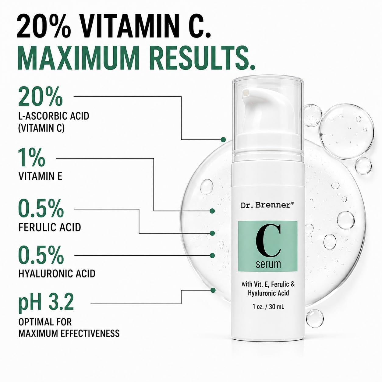 Serum witaminy C 20% czysty kwas L-askorbinowy, kwas ferulowy, witamina E i kwas hialuronowy do twarzy i oczu, 30 ml od dr Brenner