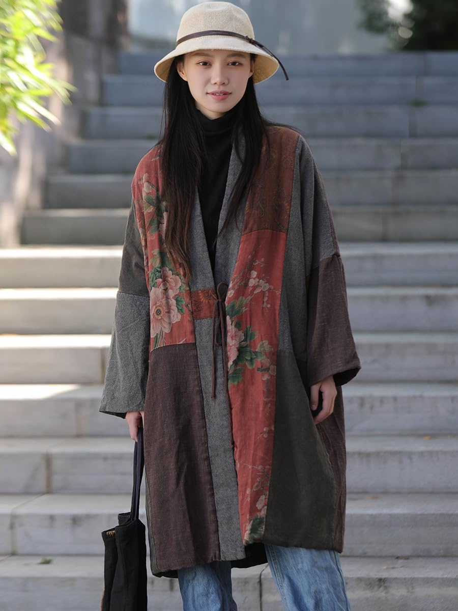 Vintage Floral Patchwork Kimono Quilted Jackets for Women Long Open Front Coat with Pockets Boho Chic Casual Wear - Image 5