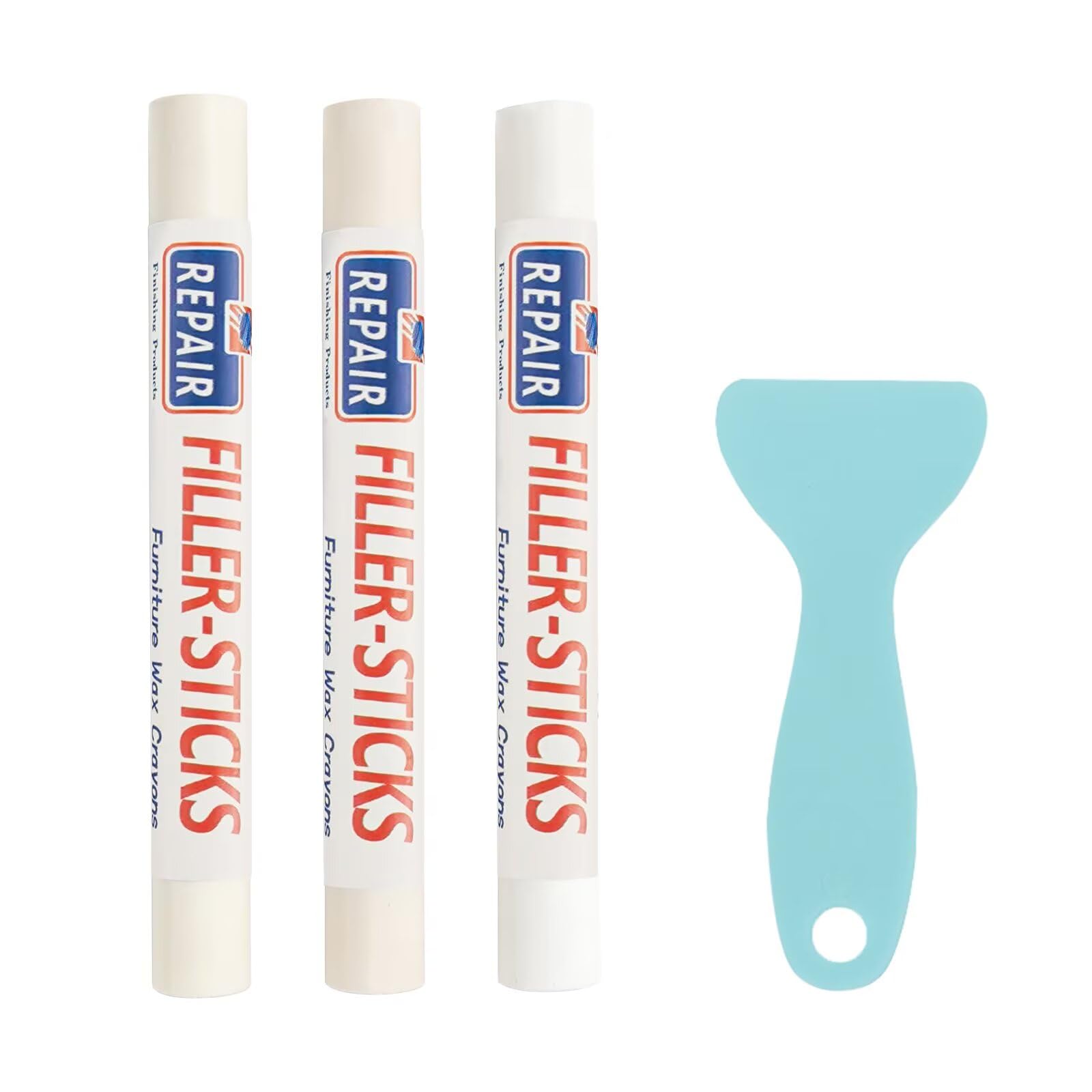 Anfaffia White Wax Filler Wood Repair Sticks, 3 Pcs Wood Scratch Repair Crayons With Scraper, Wax Sticks For Wooden Furniture Laminate Floor Table Door Guitar Scratches Holes Stains - Series
