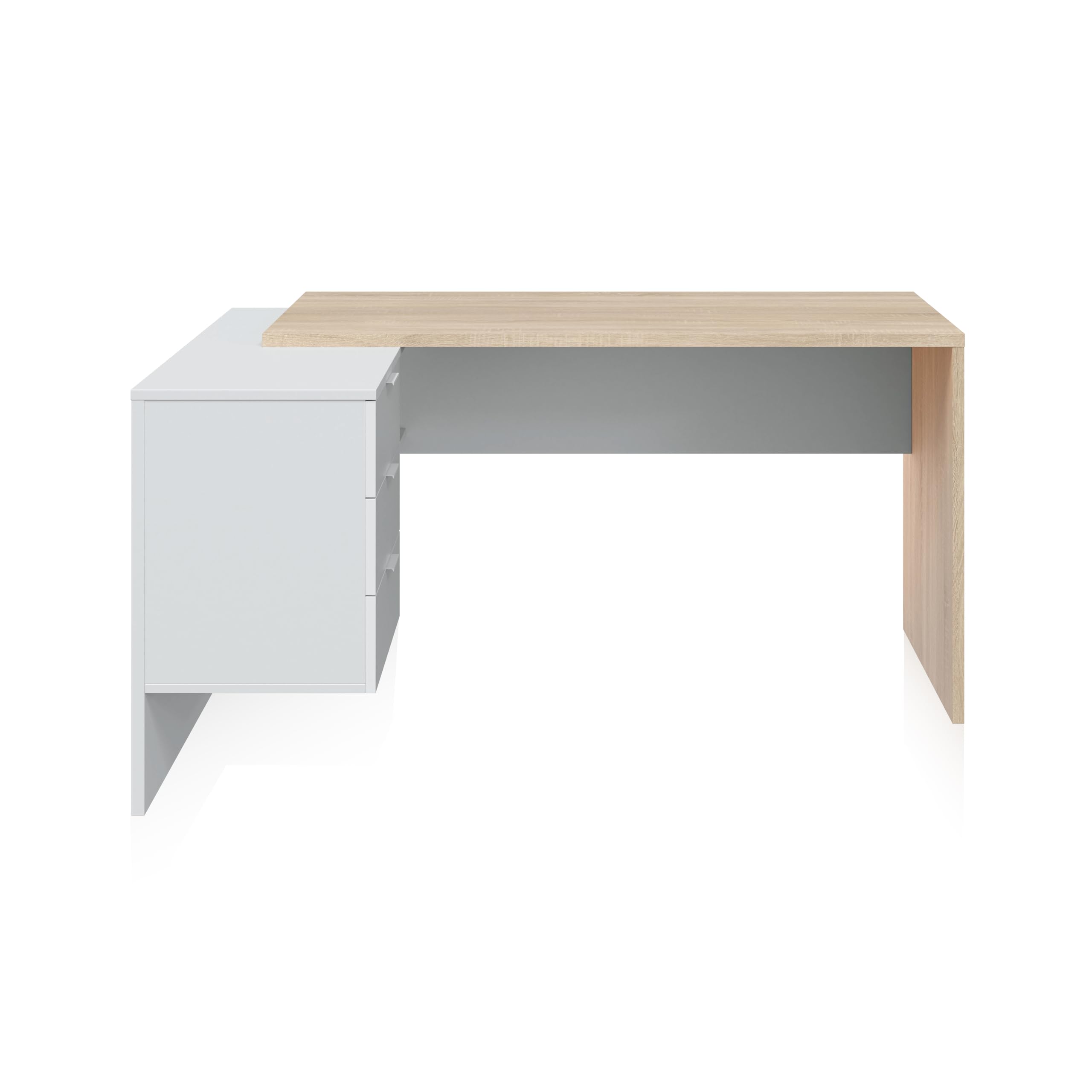 duehome | Escritorio con Cajonera, Mesa de Oficina, Modelo Office Work, Acabado en Blanco Artik y Roble Cananadian, Medidas: 145 cm (Largo) x 102 cm (Fondo) x 73 cm (Alto)