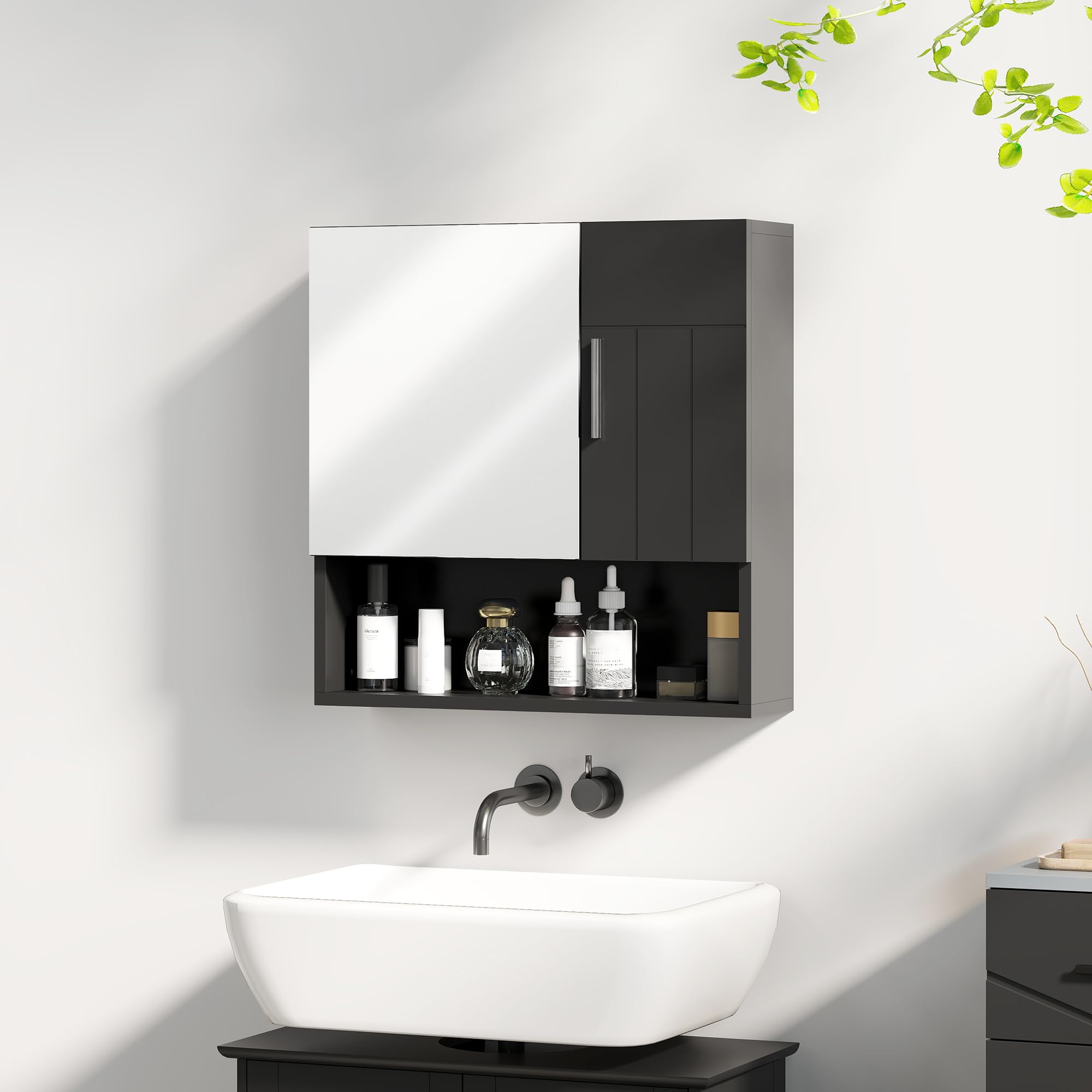 kleankin Espejo de baño con estantes ajustables 54x15.2x55.3cm Negro | Armario espejo de baño con almacenamiento, 2 puertas, estante abierto, madera y vidrio.