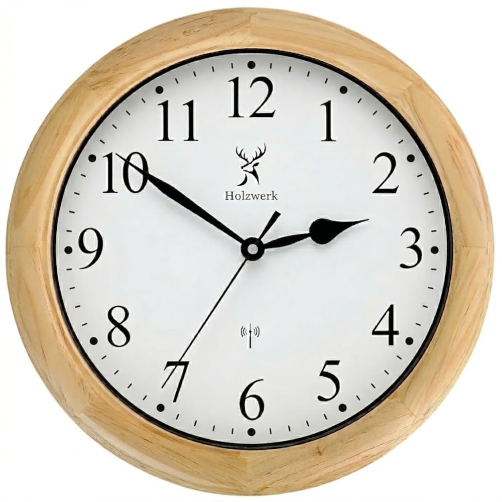Holzwerk SONNEBERG (Funk) Natur Vintage Retro Holz Funk Wanduhr Glas Holz-Uhr Funkwanduhr Funkuhr nahezu lautloses Uhrwerk Massivholz 14 Zoll 35cm Braun Beige Buche große Ziffern