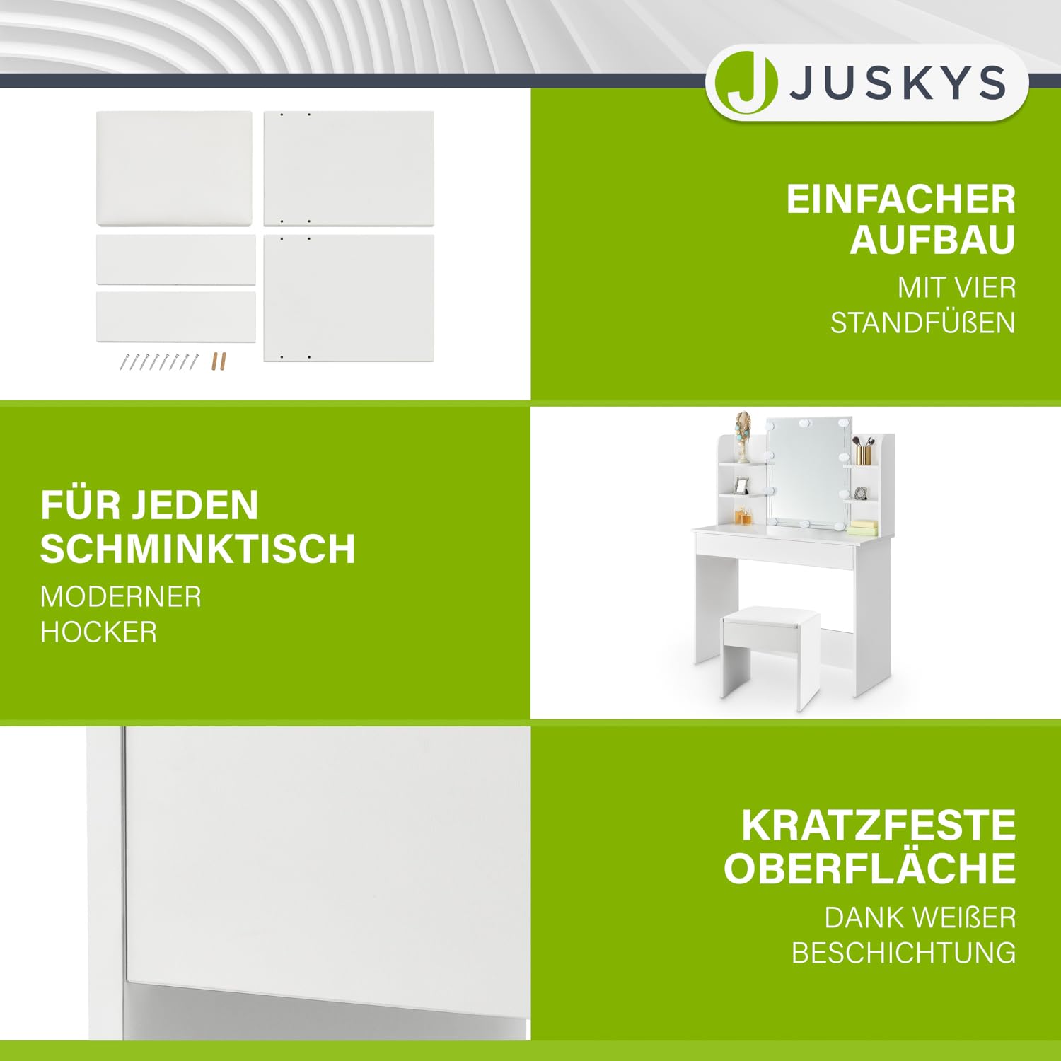 Juskys Schminktisch Hocker Melly, Sitzhocker aus Holz mit gepolstertem Kissen & Bezug aus Kunstleder, moderner Polsterhocker 40 x 30 x 43 cm in Weiß