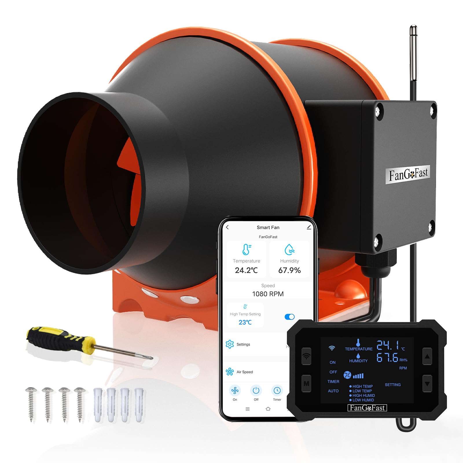 FanGoFast 100 mm APP KONTROLOWANY wentylator rurowy z regulatorem temperatury i wilgotności, silnik EC, 3000 RPM wentylator wyciągowy do wzmacniaczy, namiotów do uprawy, wentylacji i wentylatora