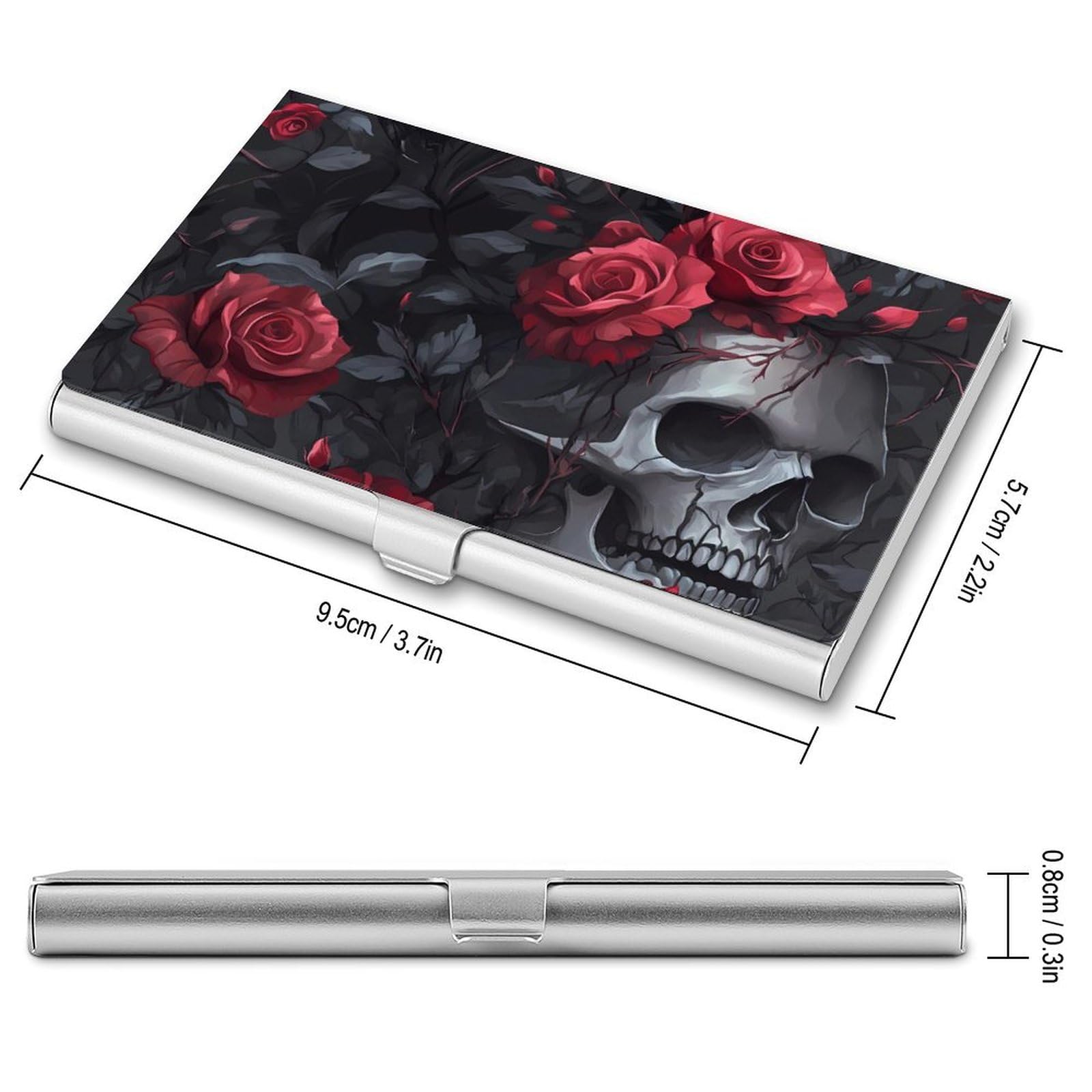 Ember Rose Death Skull Head Slim Business Card Holder Wallet for Men & Women Pocket Metal Case 3.7x2.2x0.3 Inches