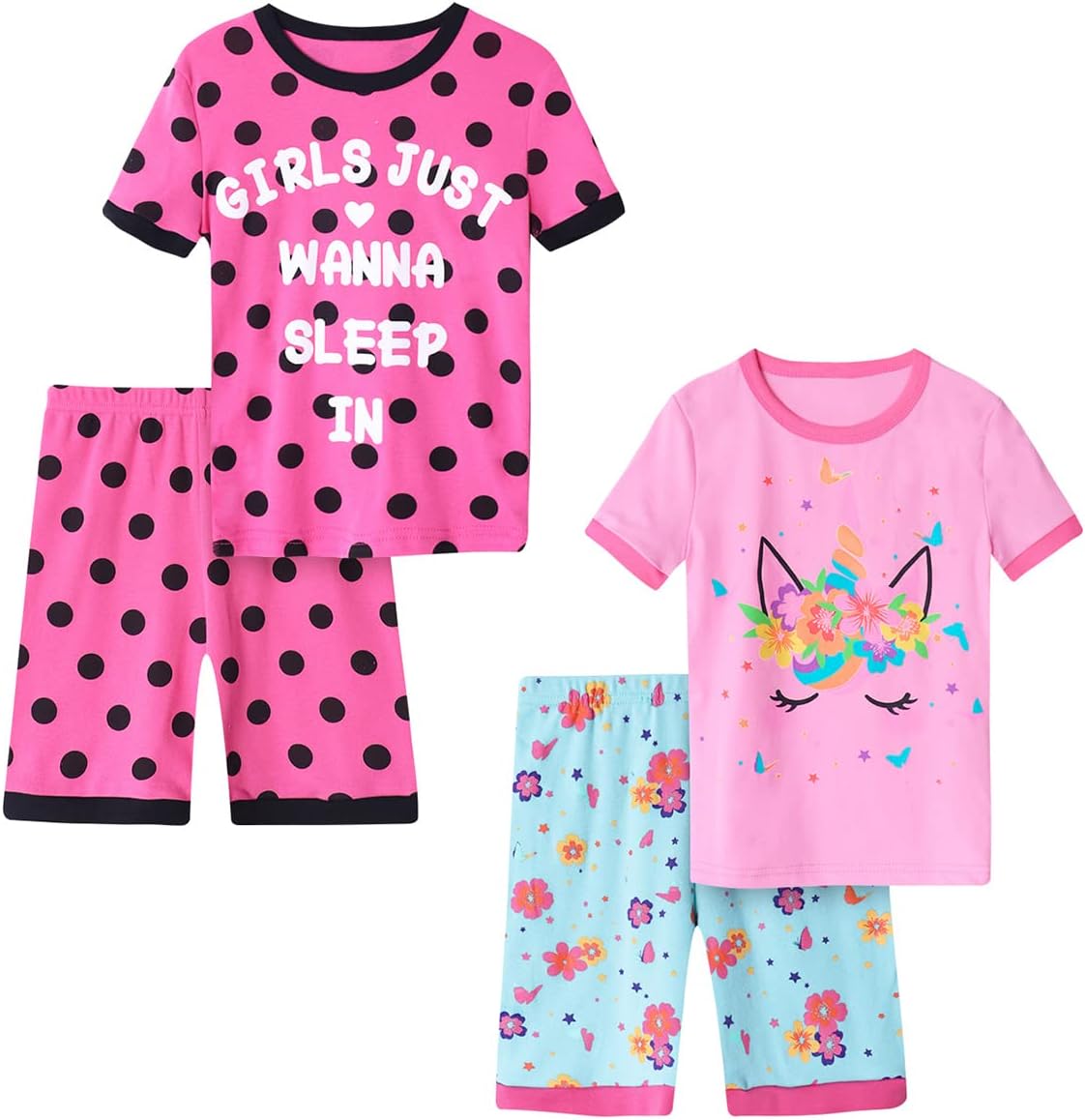 Girls Pajama Set, 4-Piece Cotton Pajamas Short Summer PJs Kids Sleepwear