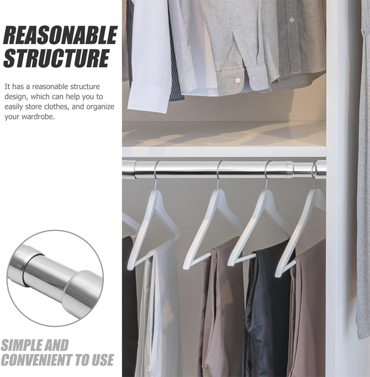 Adjustable Stainless Steel Closet Rod 31-52cm Retractable Clothes Hanging Pole 2pcs Tension Laundry Rod for Indoor Wardrobe and Cabinet Storage