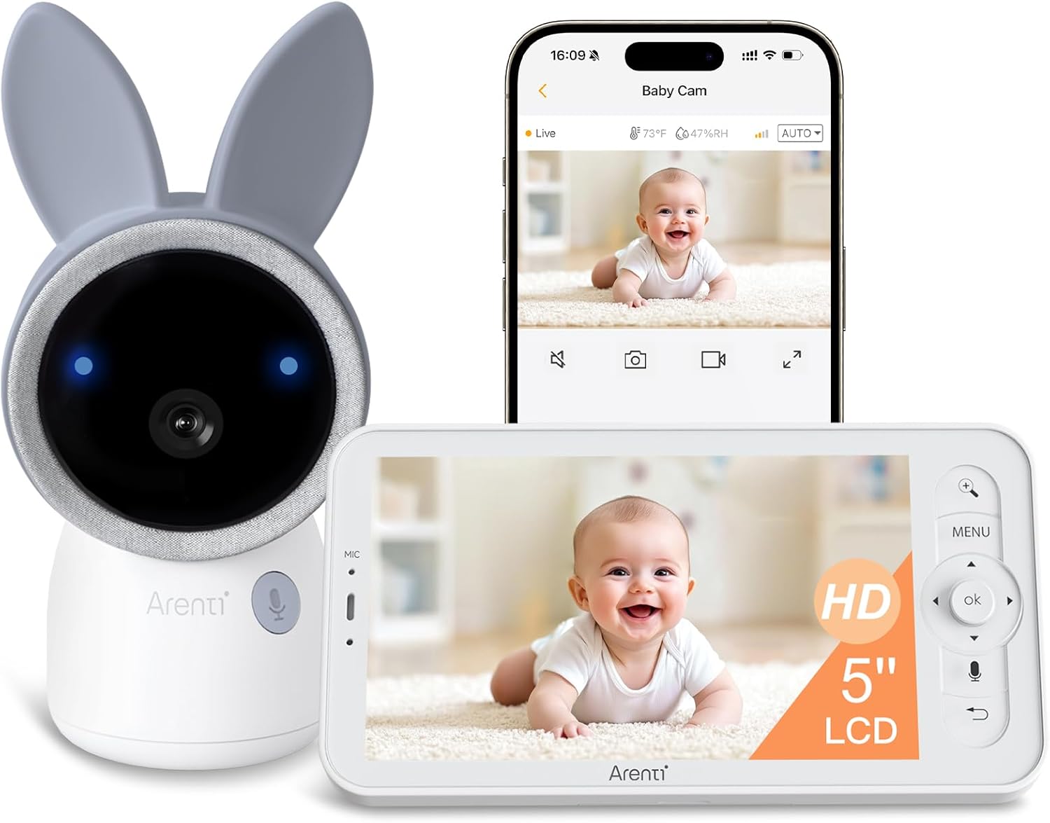 ARENTI 2.4G&5G Smart Baby Monitor with Camera and Audio, 5’’ WiFi/No-WiFi 4MP Split Screen with Night Light, Smoothing Lullabies, Cry&Motion Detection, Temp&Humidity Senor, Free APP with Motion Video