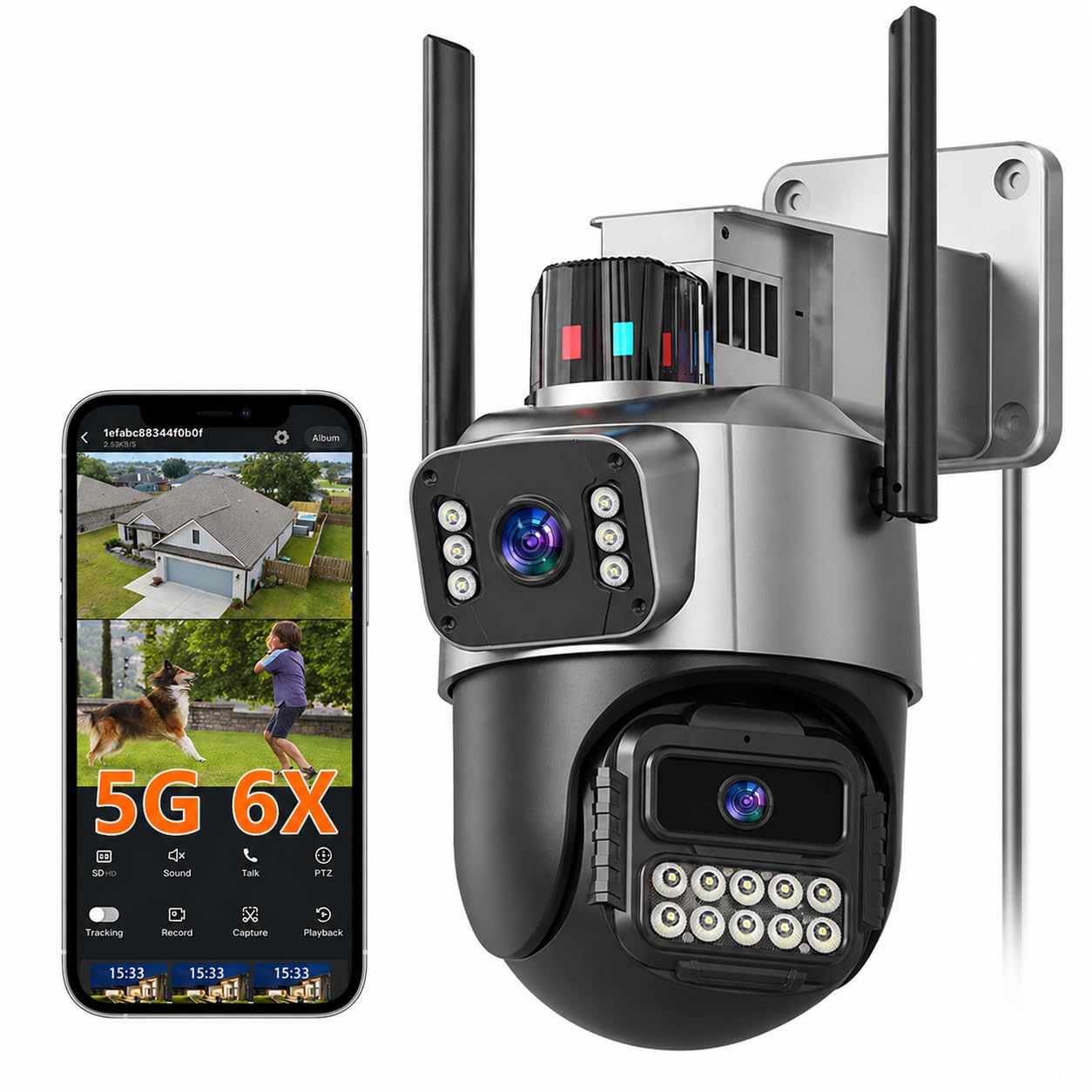 Überwachungskamera Aussen, 6MP Dual-Objektiv Kamera Überwachung Aussen, 360° PTZ, 6X Zoom, 5GHz/2.4GHz, Farb-Nachtsicht, Bewegungserkennung, Zwei-Wege-Audio, IP66, Netzbetrieb