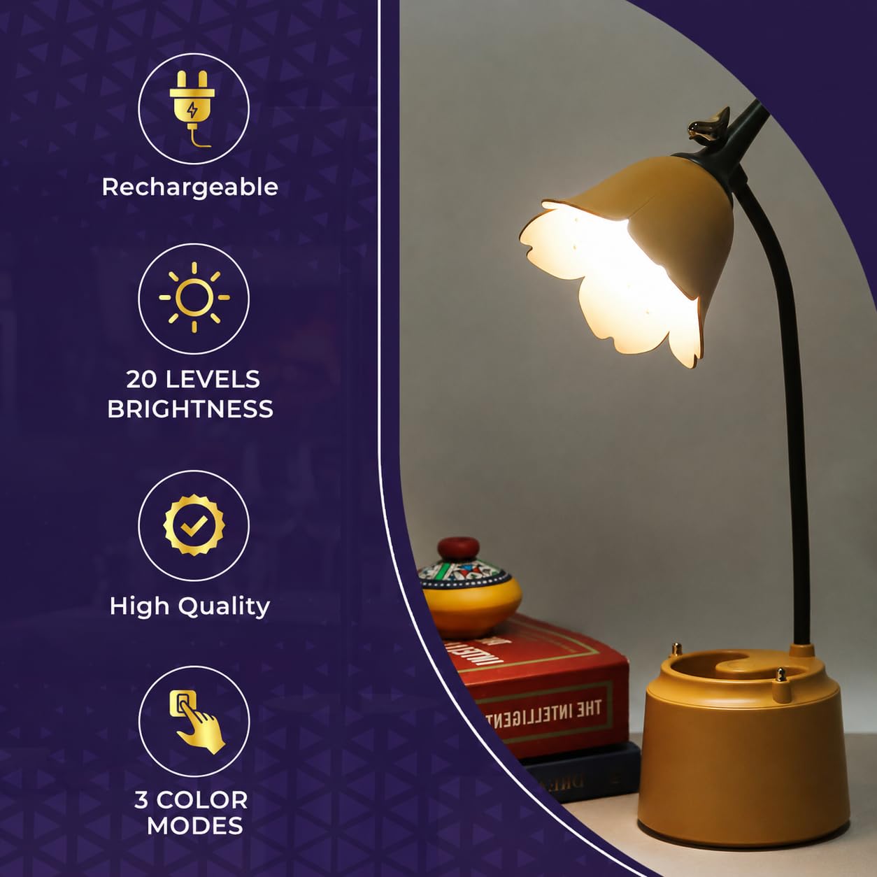 Flower Bird Table Lamp - USB Rechargeable Desk Light -3