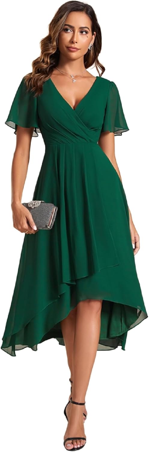 Ever-Pretty Women's Wedding Guest Dress Chiffon V Neck Ruched Short Sleeves Midi High Low Birthday Semi Formal Dresses 02088
