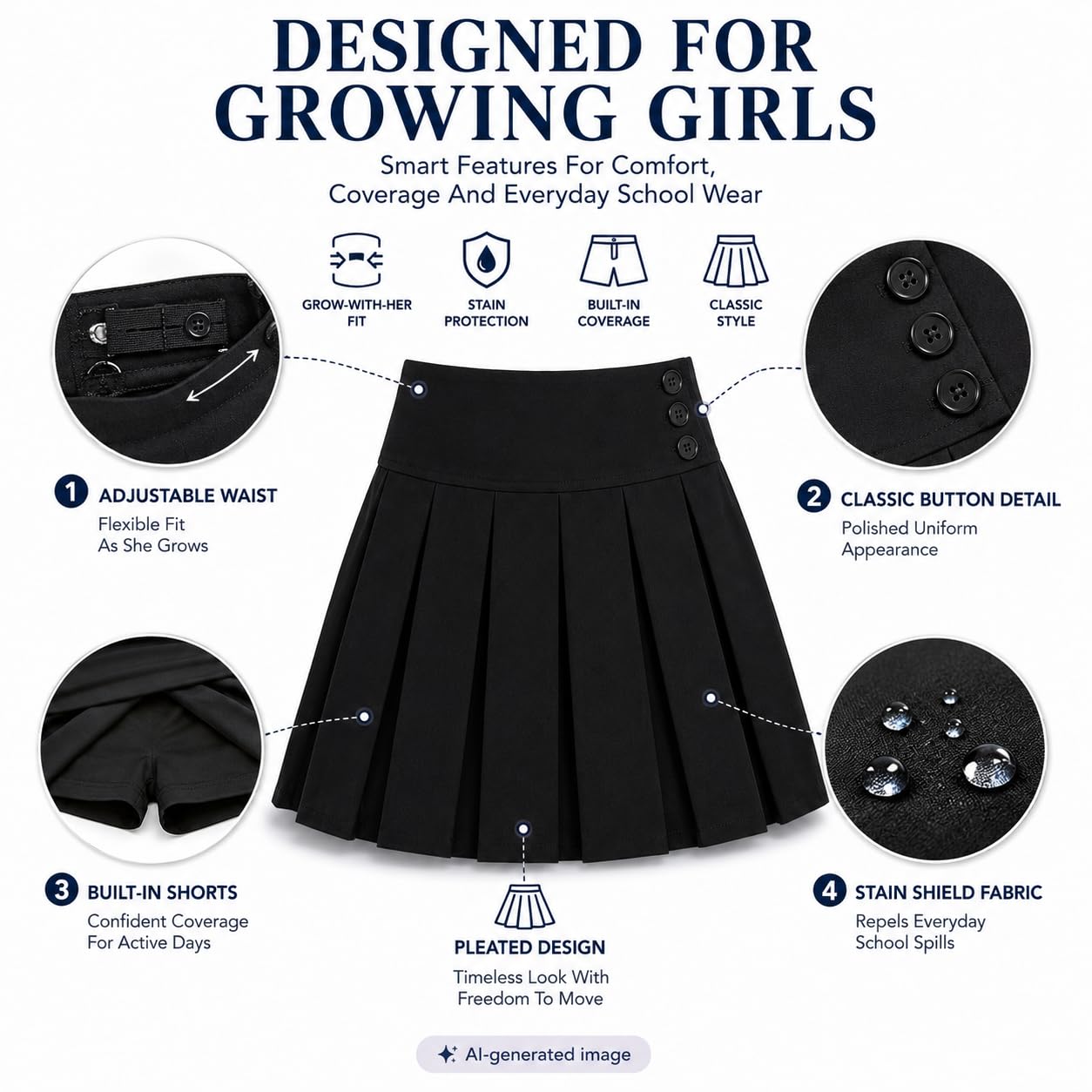 Bienzoe Falda de Uniforme Escolar para niñas: Falda Plisada elástica con Cintura Ajustable para niños, Negro, 10-11 Years