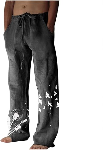 Pantalones de lino de algodón para hombre pantalones sueltos estampados de pierna ancha Pantalones vacaciones