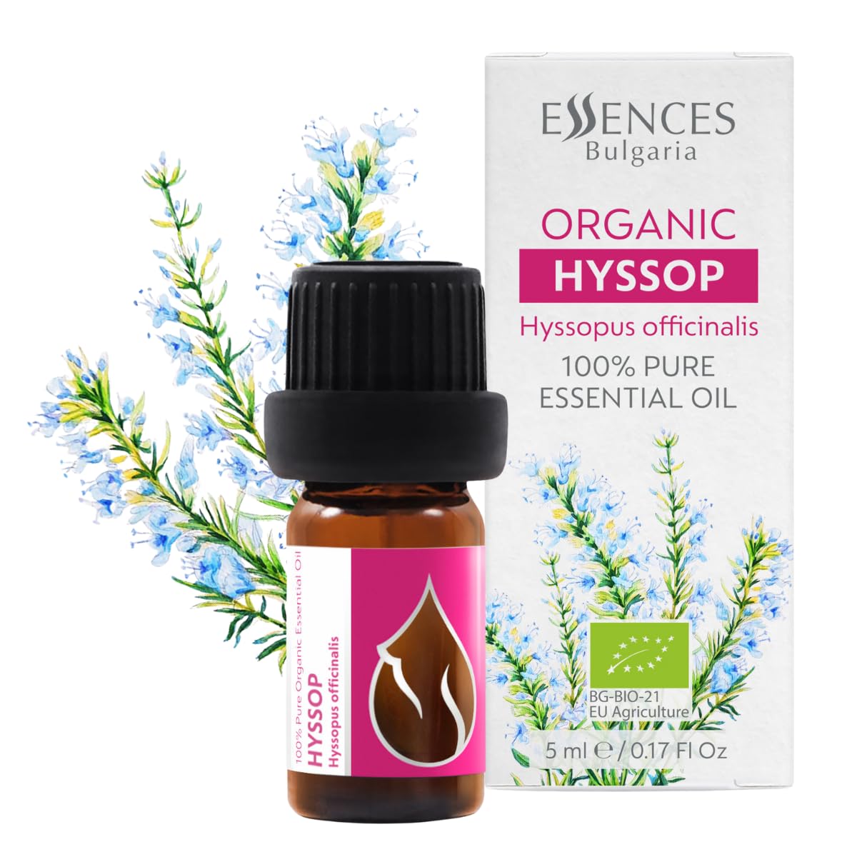 Organic Hyssop Essential Oil 1/6 Fl Oz (5ml) Hyssopus officinalis - 100% Pure and Natural Undiluted Therapeutic Grade Aromatherapy for Diffuser and Muscle Relaxation Massages