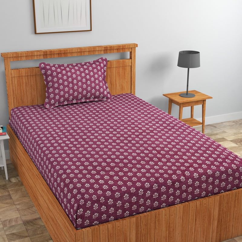 Image of NEW LEAF Pure Cotton 220 tc Flat Single Bedsheets for Summer Breathable | Wrinklefree | Super Soft (Size-60 X 90 Inch) with 1 Pillow Covers (Size-17 X 27 Inches, Floral, Bargandi