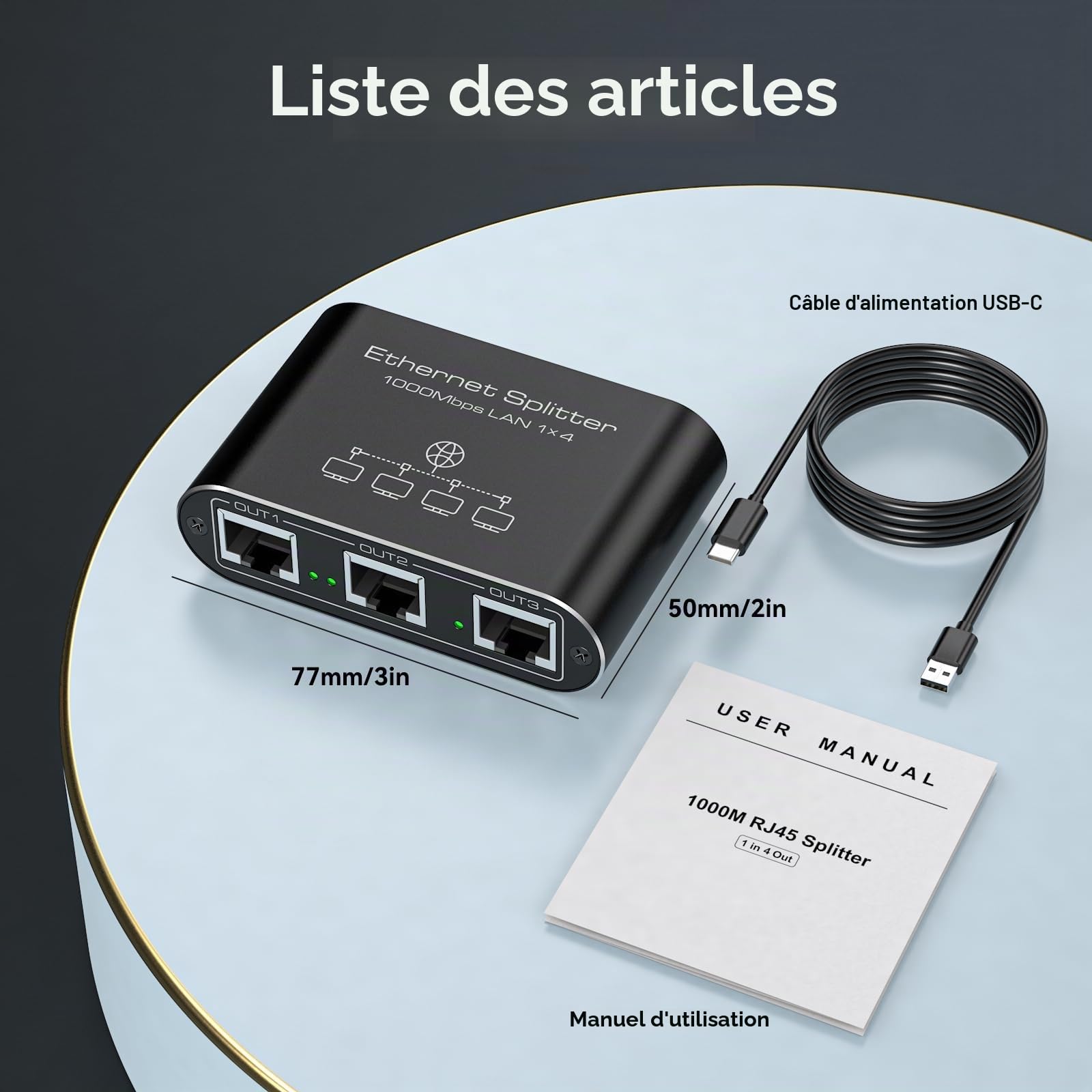 VEDINDUST Répartiteur Ethernet 1 à 4 1000 Mbps d'Internet en aluminium LAN pour ordinateurs, hubs, commutateurs, routeurs - Interrupteur de réseau de port Ethernet
