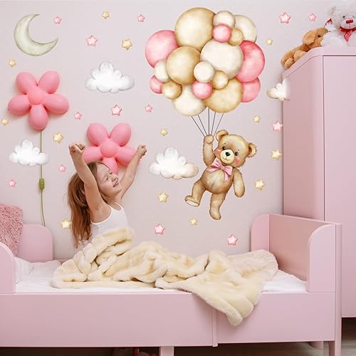 Miniatura 6 de Calcomanías de pared de animales de dibujos animados de oso, calcomanías de pared de animales globo de aire, estrellas, luna, nube, calcomanías de