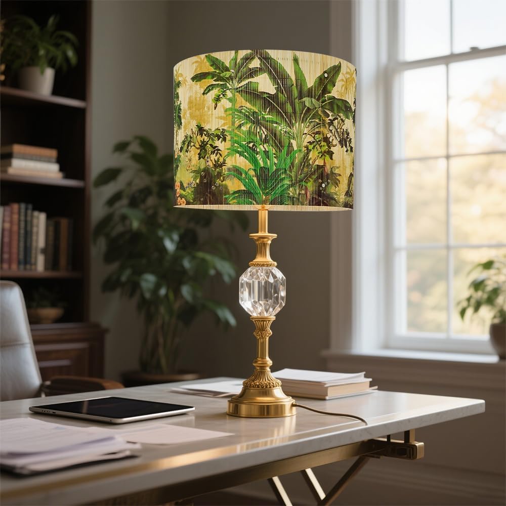 Bamboo Lampshade, Cylindrical, Translucent Bucket Design, Tropical Green Plants Pattern, 11.8x9.05 Inch, Foldable, Art Deco, Rustic Elegant, For Floor and Desk Lamps (Tropical Palm Tree A)