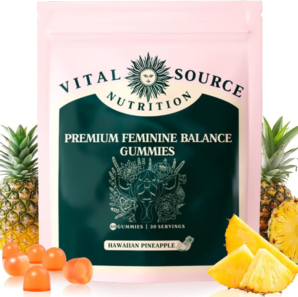 Vital Source Nutrition Premium Feminine Balance Gummies, 60 Count Gummies for Women’s Health & Wellness Immune Support Vegan, Gluten-Free & Halal - Hawaiian Pineapple, 30 Servings.