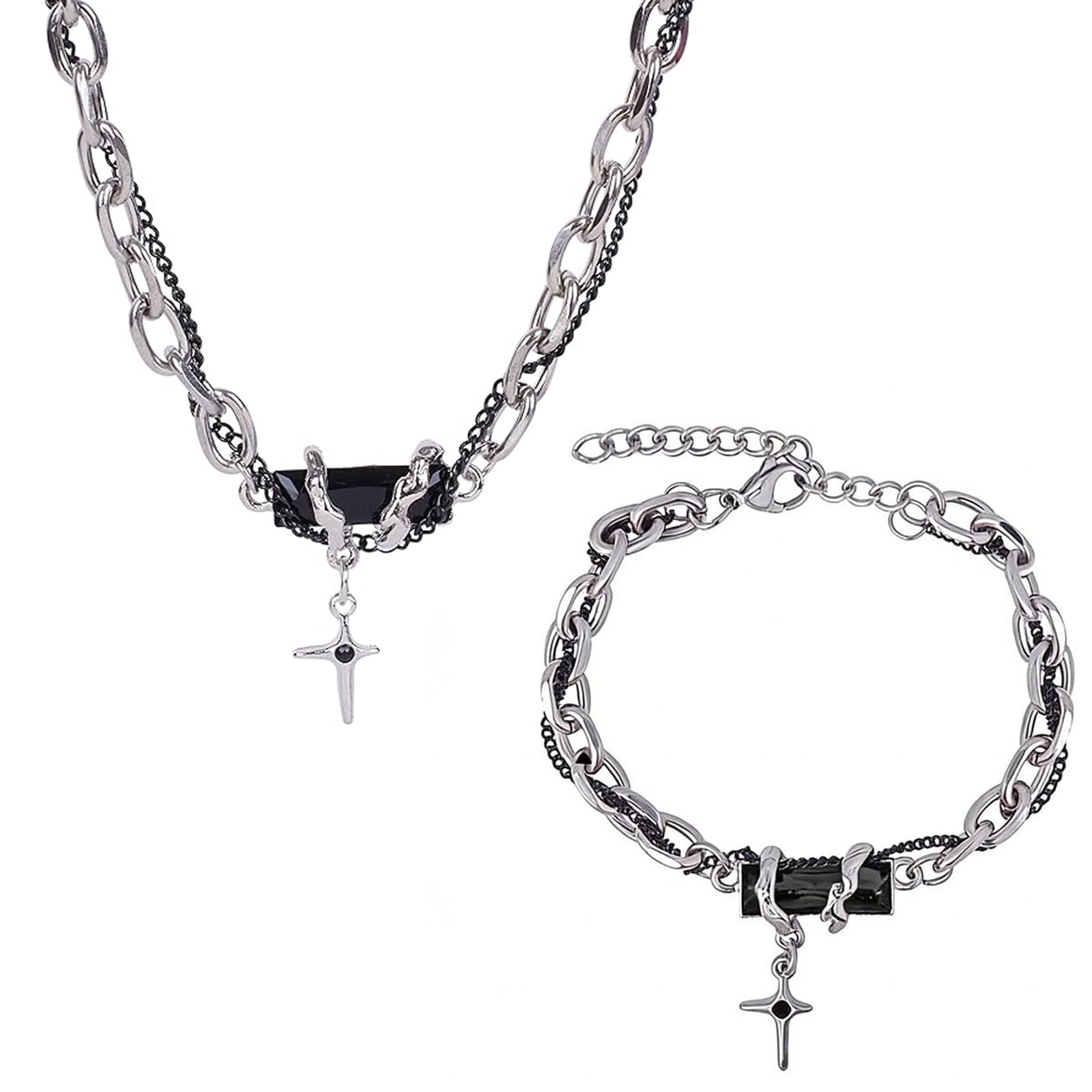 2PCS Gothic Double Chain Bracelet, Punk Hip Hop Star Charm Link Chain Bracelet, Adjustable Cool Rock Layered Wrist Jewelry, Unisex Vintage Stylish Bracelet Gifts for Men, Boyfriend and Husband-image-36