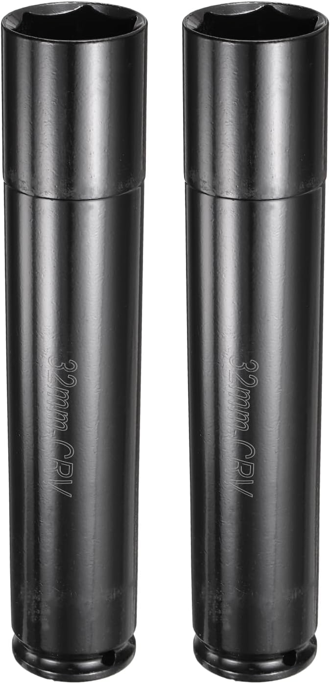 HARFINGTON 2pcs 6-Point Deep Impact Socket 1/2" Drive 32mm Metric Socket 8" (200mm) Extra Long Heat-Treated 45# Steel for Home Auto Spindle Axle Hex Nuts Bolts Repair, Black