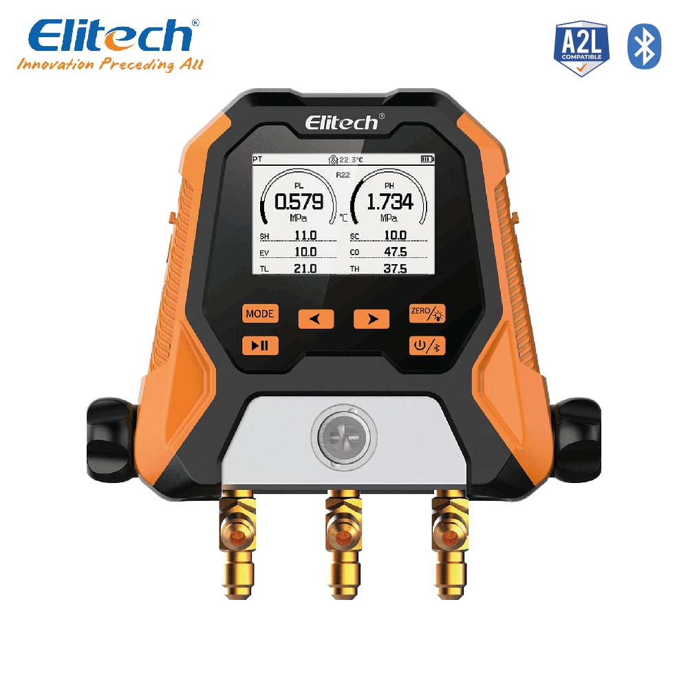 Elitech MS-810S - Manómetro digital inteligente de 2 vías, grupo manométrico Bluetooth para aire acondicionado, 140+ refrigerantes, kit de medición de temperatura/presión/vacío con tubos y pinzas en