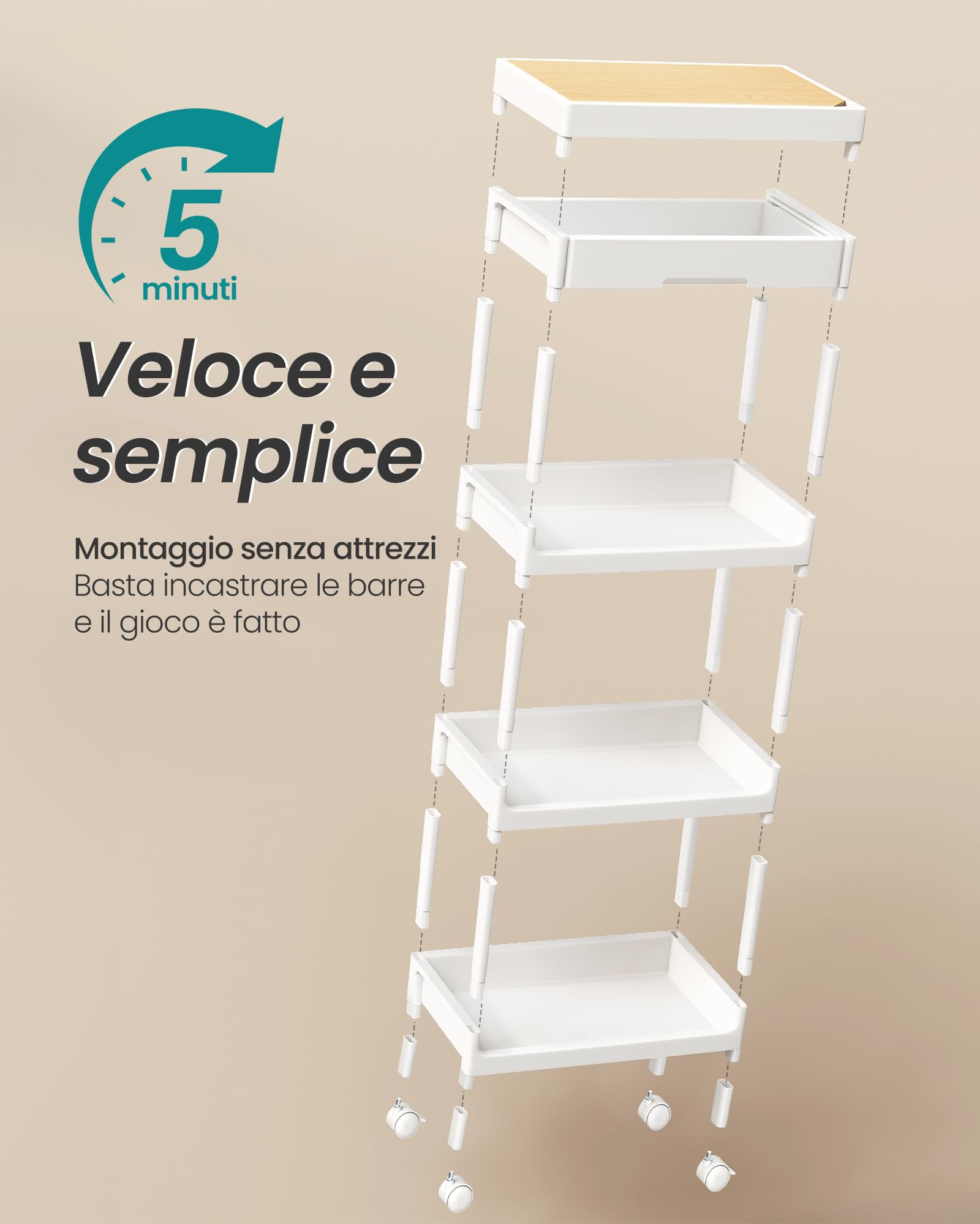 SONGMICS Carrello a 4 Ripiani, Carrello Scaffale da Cucina con Ruote, con Ripiano Rimovibile e Cassetto, in Plastica, Facile da Montare, Bianco e Rovere Dorato BSC070W101