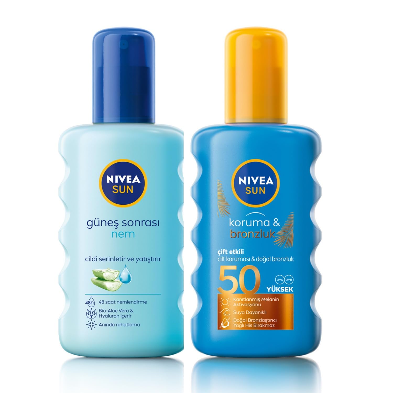 NIVEA Sun SPF50 Koruma&Bronzluk Güneş Spreyi Doğal Pro-Melanin Özleri ile Doğal Bronzluk, 200 ml ve Nivea Sun Güneş Sonrası Nem Spreyi 200 Ml