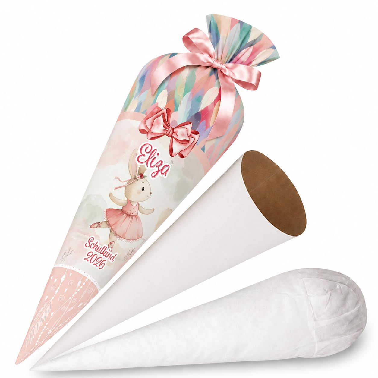 Personalisierte Schultüte Kaninchen Hasse 70 cm Zuckertüte aus Stoff mit runde Papprohling Silikonkügelchen Kissen