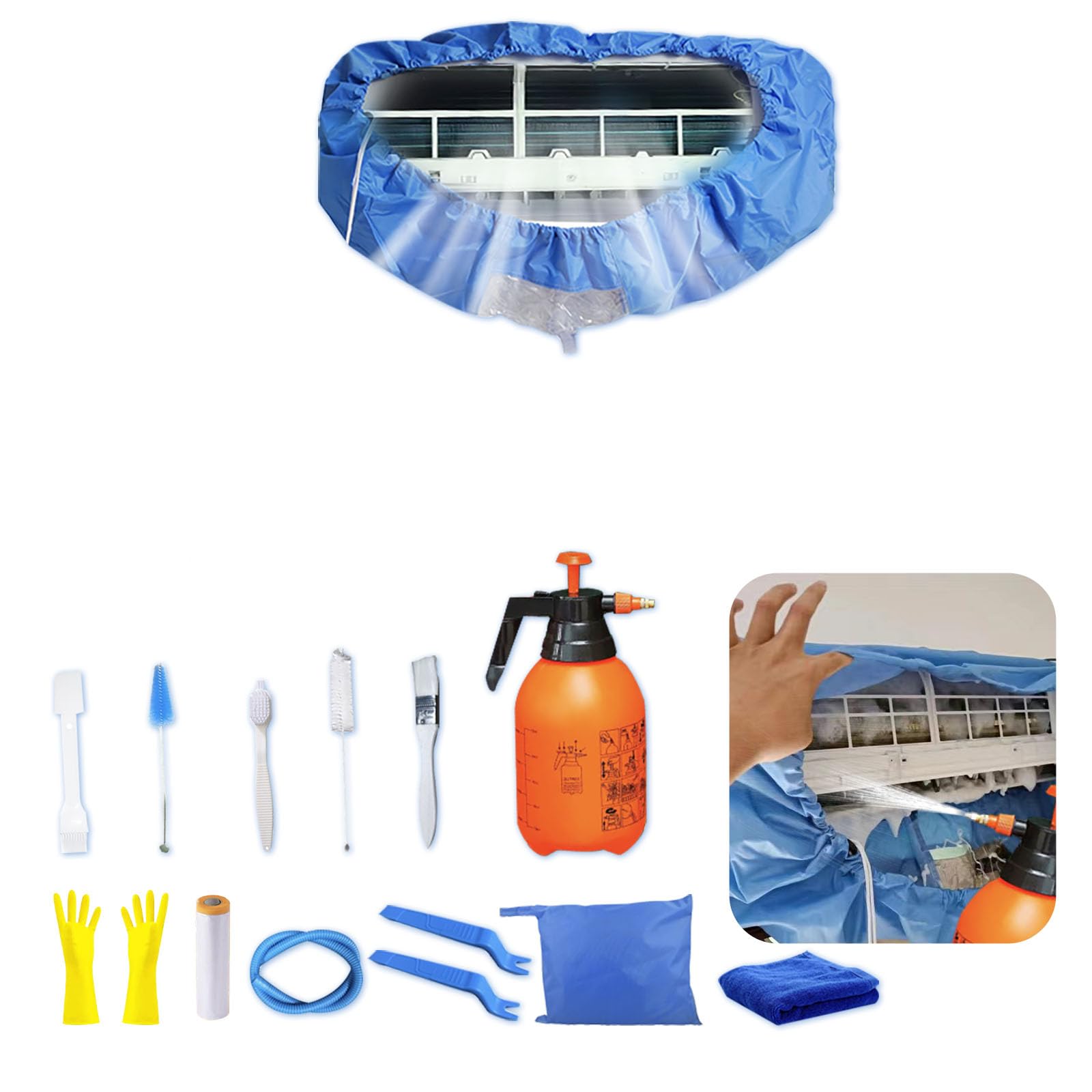 ZSPLIT-MAIR kit per pulizia split condizionatore,sacco per pulizia split condizionatore,kit pulizia climatizzatore split( 15pezzi, blu reale, taglia media: 68-98 cm/27,55-39,37 pollici)