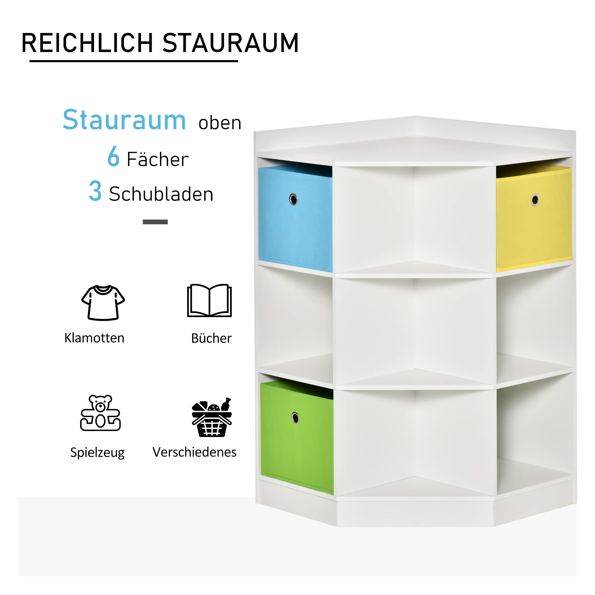 HOMCOM Kinderregal Bücherregal für Kinder Spielzeug-Organizer Kinderzimmerregal mit 3 Aufbewahrungsboxen, 7 offenen Fächern für Kinderzimmer, Kindergarten 57,4 x 57,4 x 94 cm Weiß