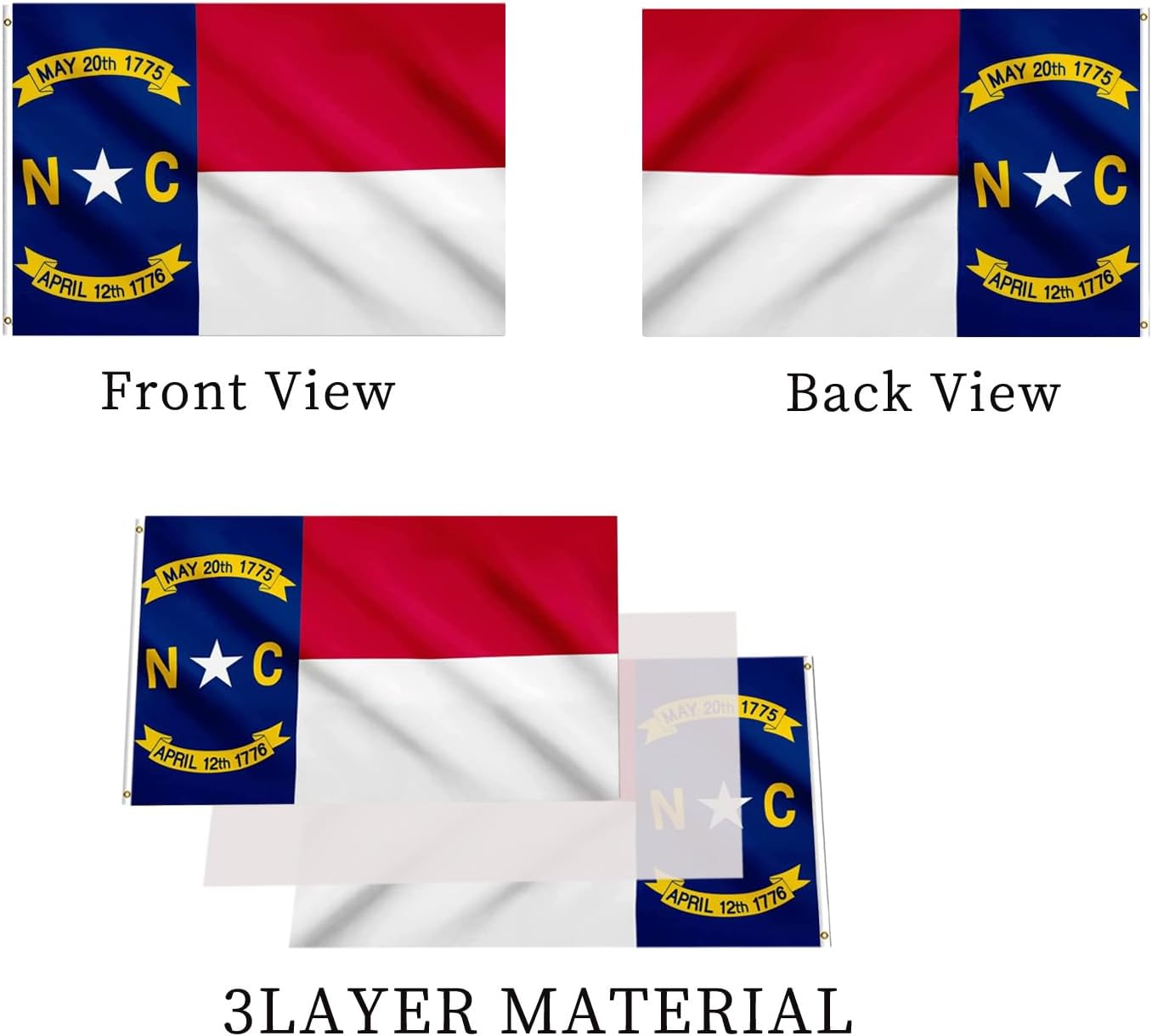 North Carolina State Flag 3x5 Double Sided Outdoor NC State Flags Heavy Duty 3 Ply with Durable Canvas Header and Brass Grommets Vivid Colors - Image 3