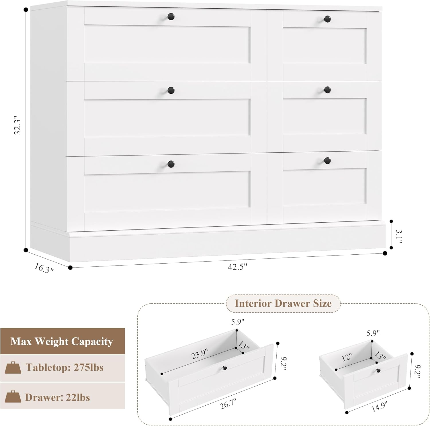 Image displaying the overall dimensions of the dresser and the interior dimensions and weight capacities of its drawers.