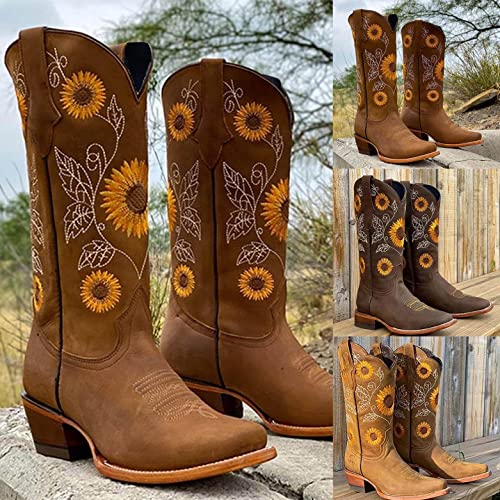 ZHOUYF Mid Calf Cowboy Boots for Women Sunflower Print Embroidery Low Heel Booties Pointed-Toe Pull-on Retro Western Boots4
